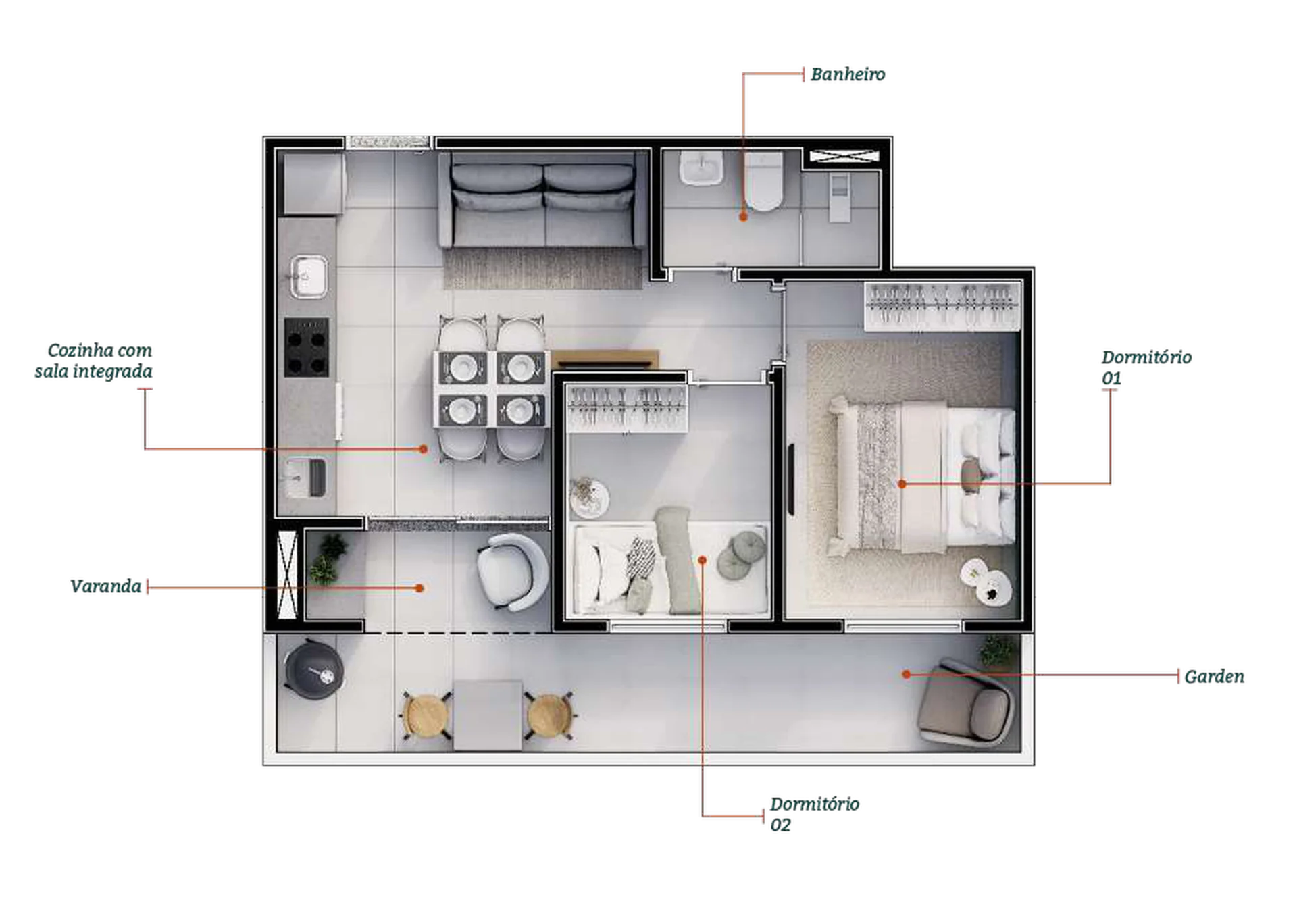Planta do apartamento garden de 2 dormitórios e 47 m² do Boulevard Cantareira