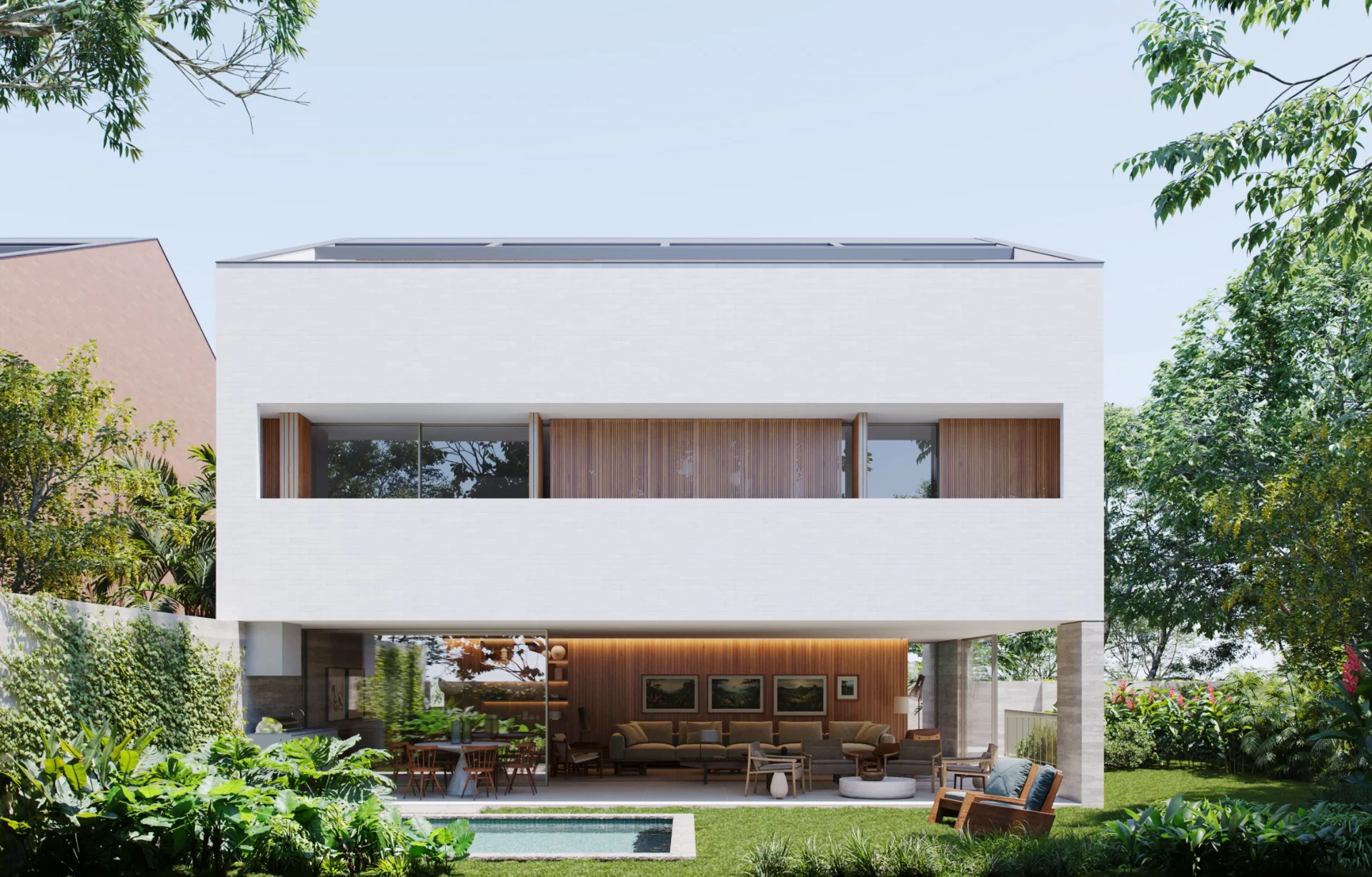 Fachada da casa do Casas Oás, em volumes brancos e madeira, com jardim e piscina