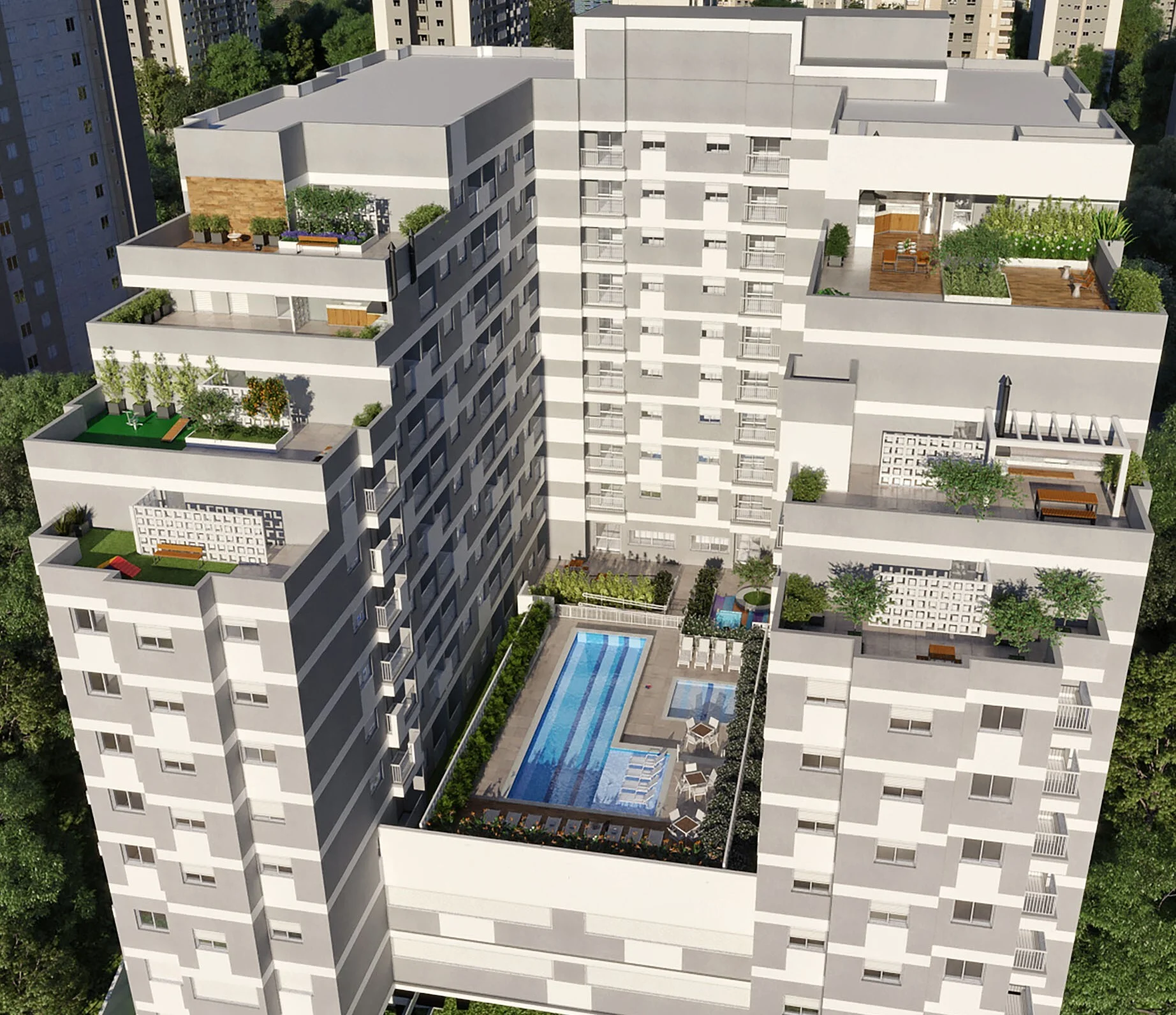Vista aerea da cobertura do Choice Roof Park Morumbi, com as piscinas, os terracos ajardinados e os espacos gourmet no topo do edificio
