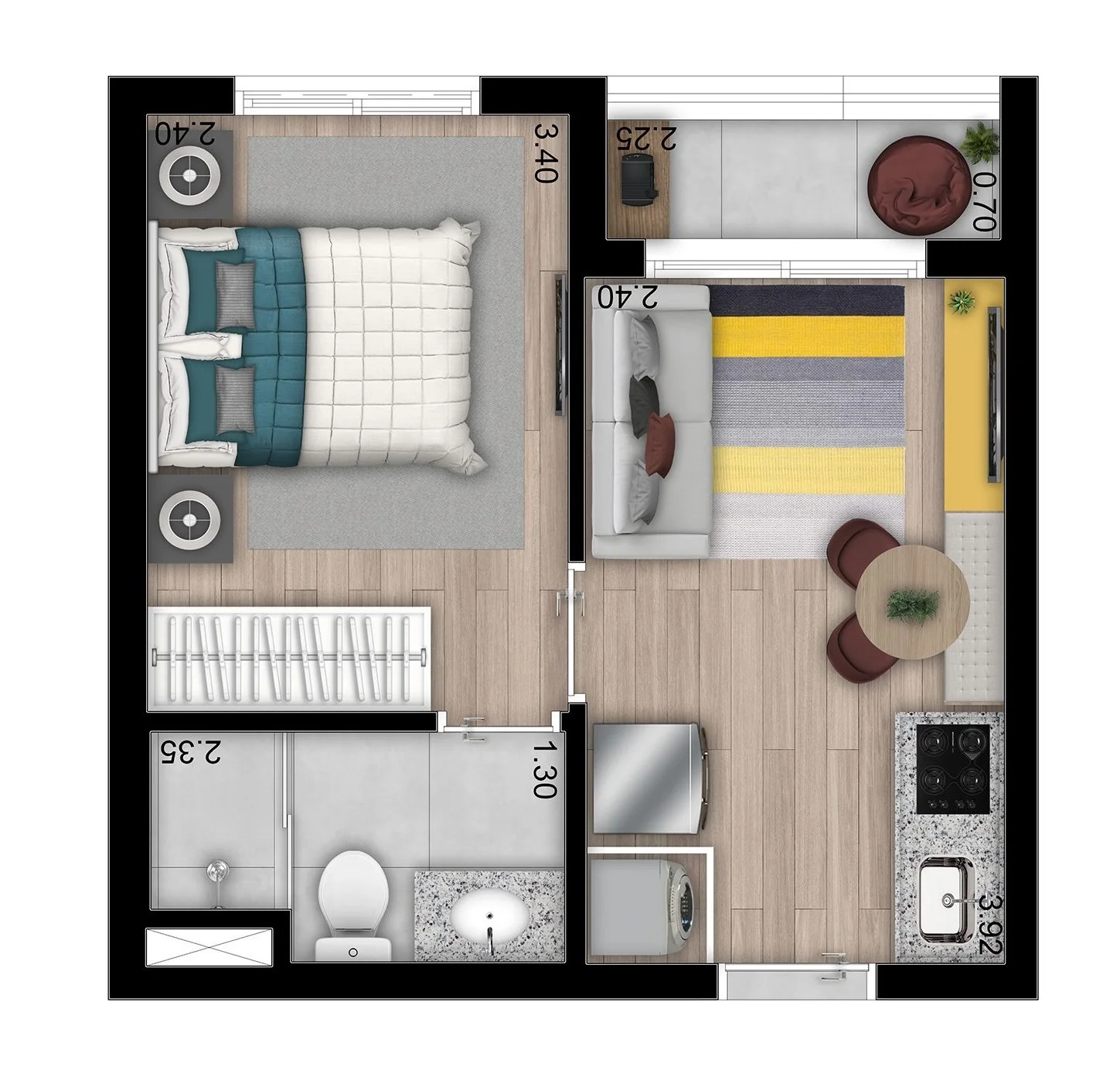 Planta do apartamento de 27 m2 do Choice Roof Park Morumbi, com 1 dormitorio, living integrado a cozinha e banheiro