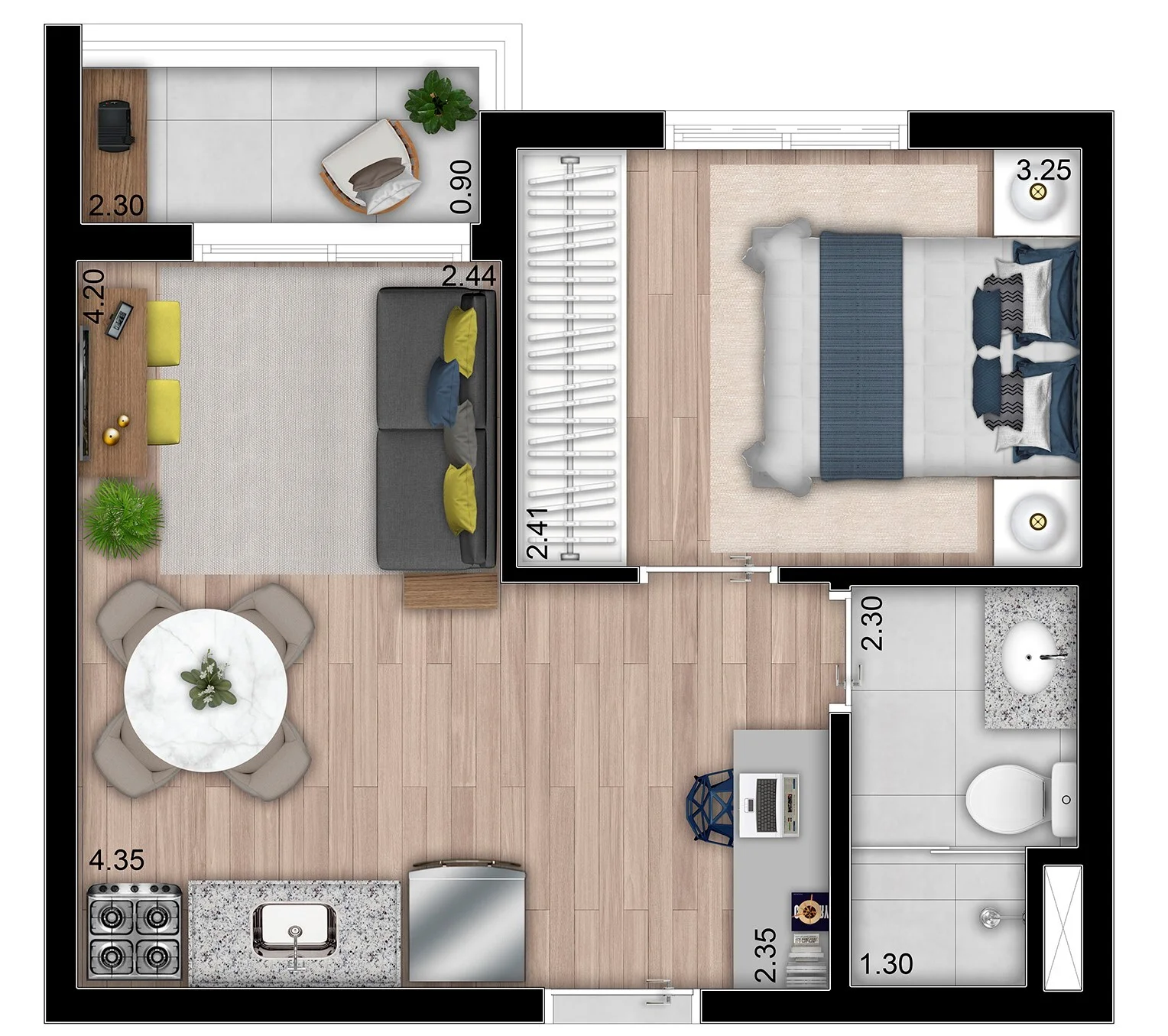 Planta do apartamento de 33 m2 do Choice Roof Park Morumbi, com 1 dormitorio, living, cozinha e varanda