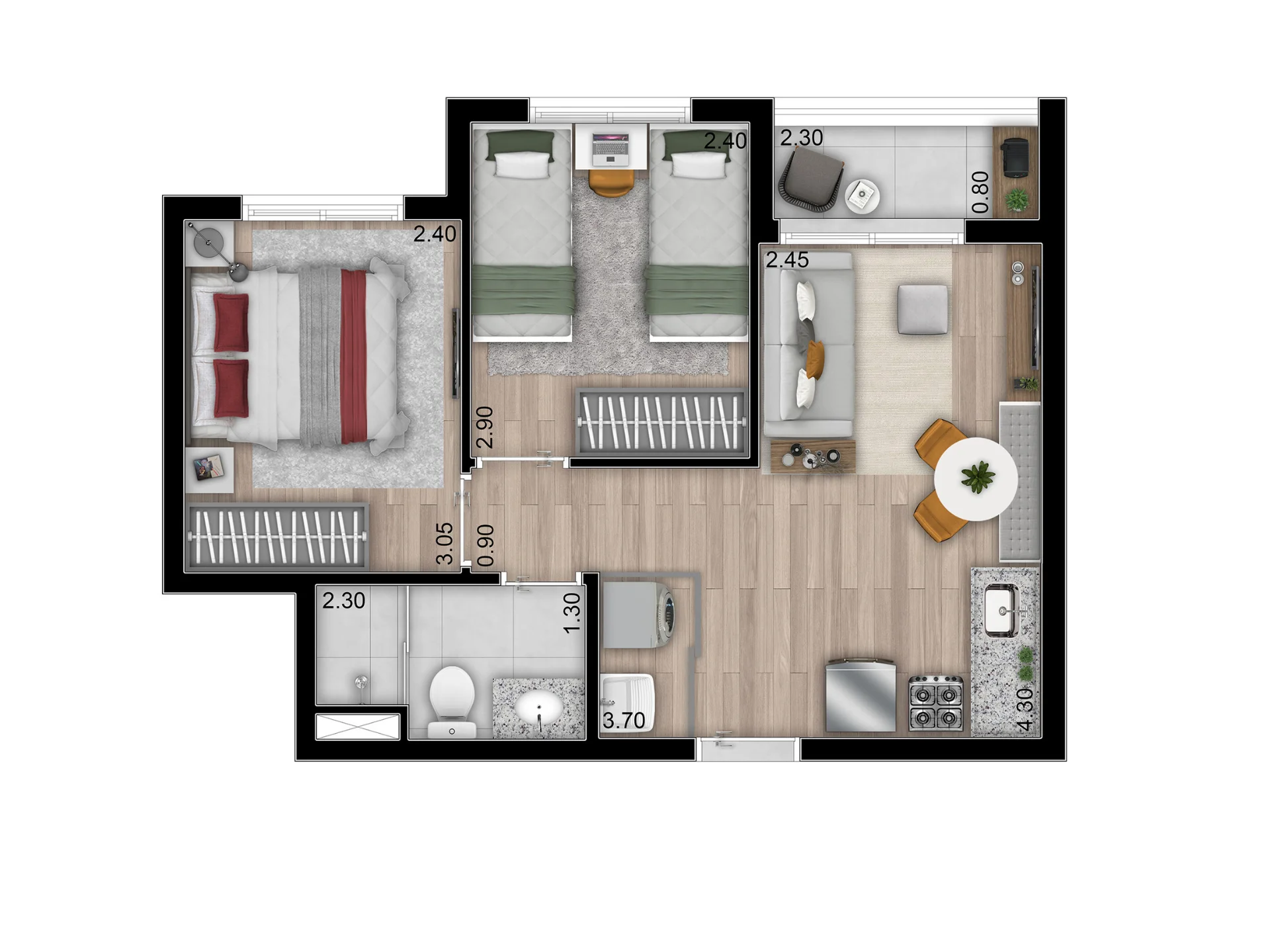 Planta do apartamento de 40 m2 do Choice Roof Park Morumbi, com 2 dormitorios, living e cozinha integrados