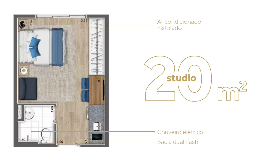 Planta do ClubLine São Judas – NR – Fase 2 em Planalto Paulista — 1 dormitório – 20 m² Studio