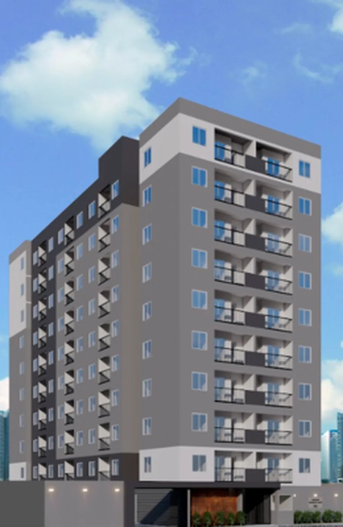 Fachada do Conceição do Castelo, torre residencial em cinza e branco, no Burgo Paulista