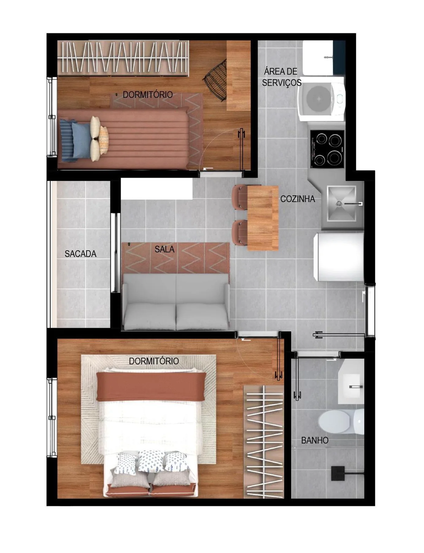 Planta do apartamento de 2 dormitórios e 33,97 m² do Conceição do Castelo