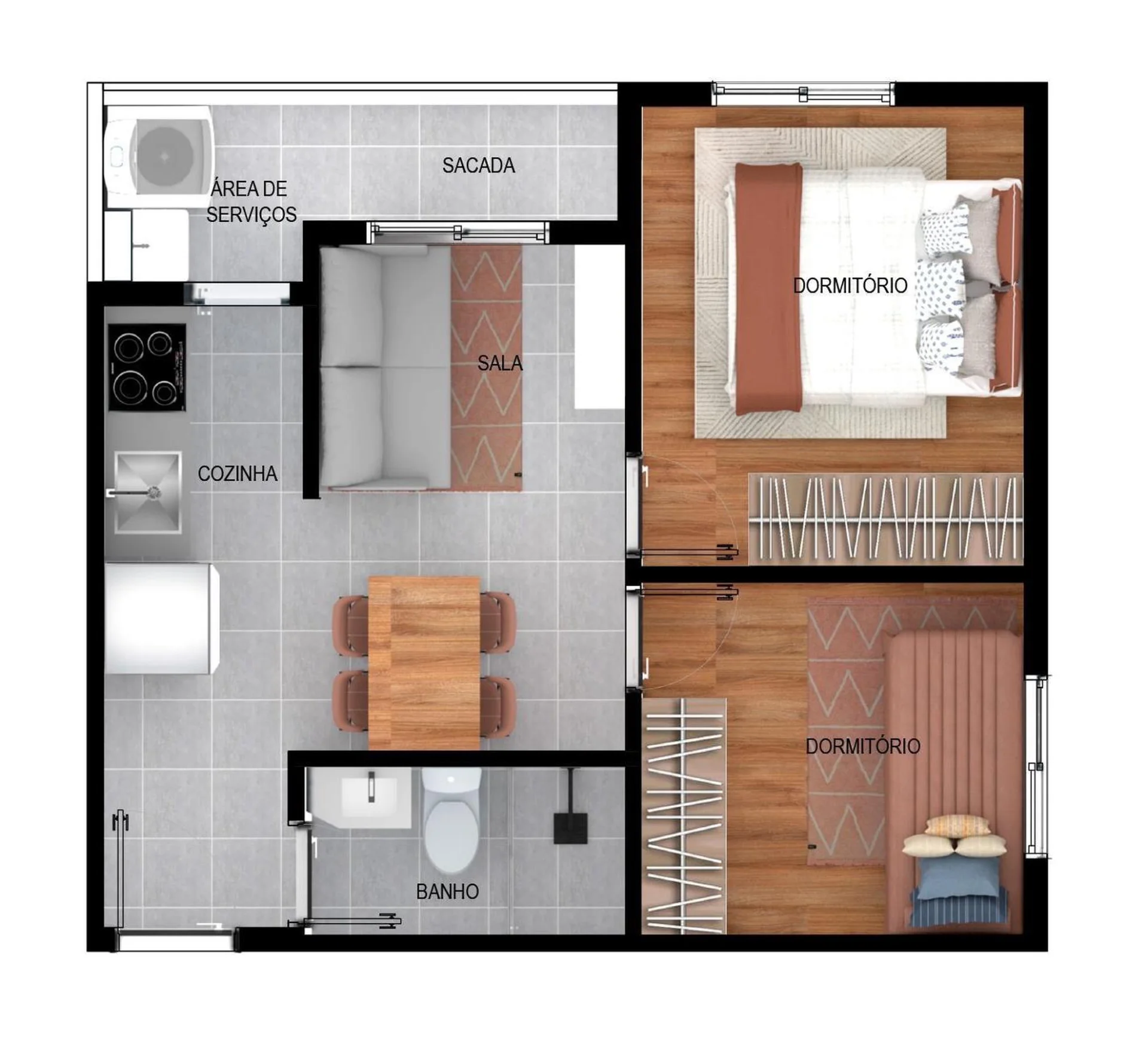 Planta do apartamento de 2 dormitórios e 35,30 m² do Conceição do Castelo