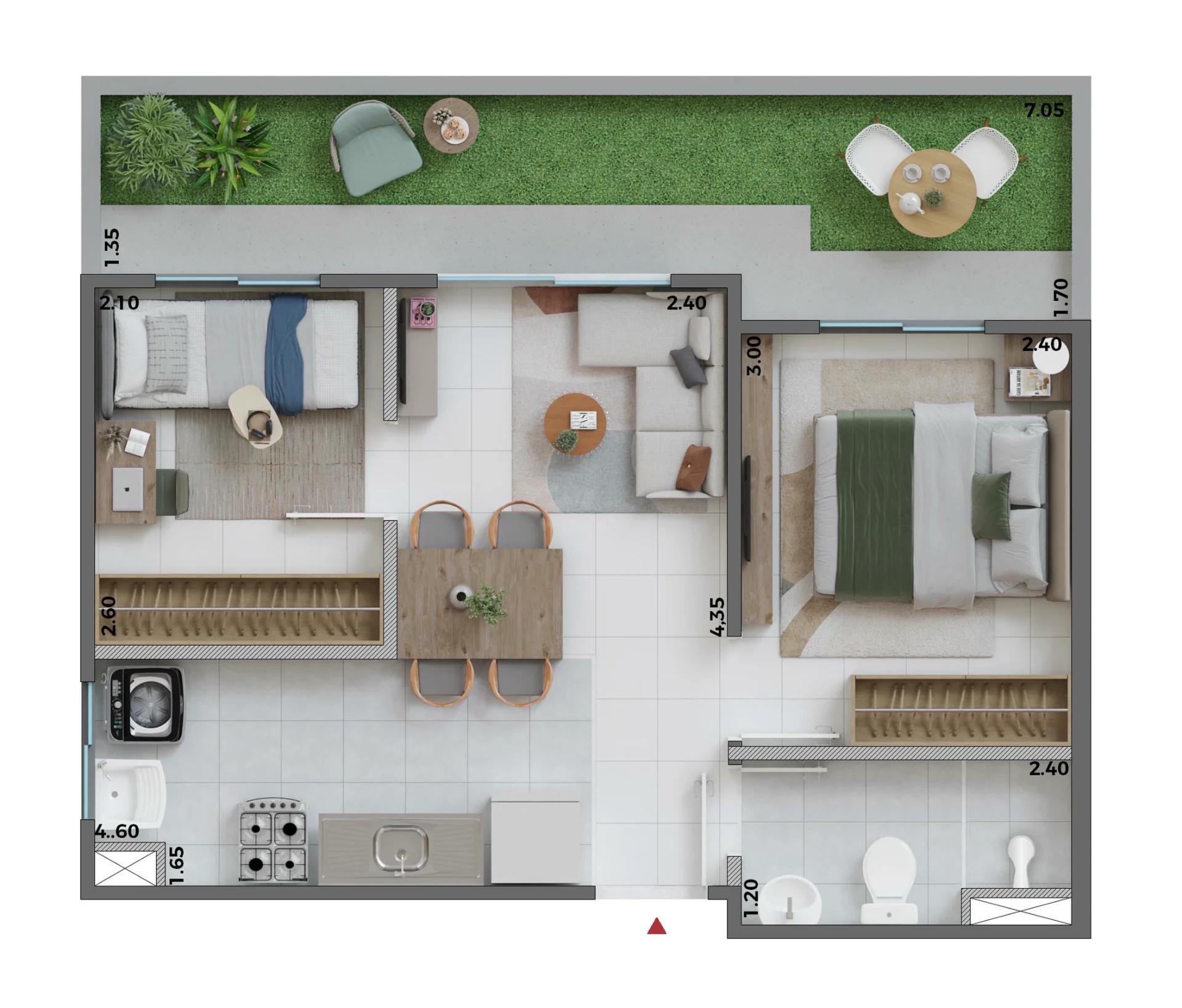 Planta garden de 2 dormitórios de 44,40 m² do Conquista Clube São Miguel – Fase 1