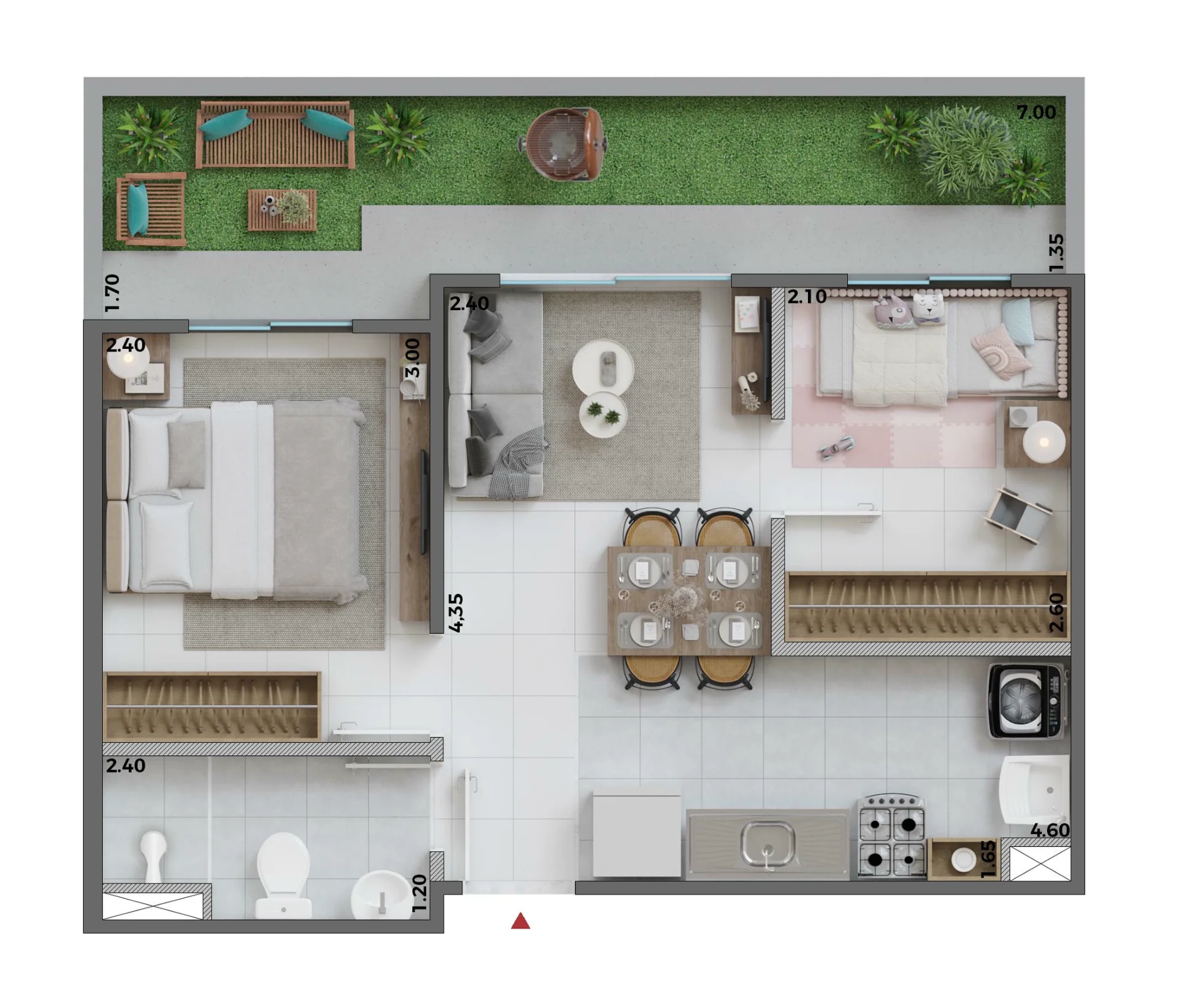 Planta garden de 2 dormitórios de 44,15 m² do Conquista Clube São Miguel – Fase 1