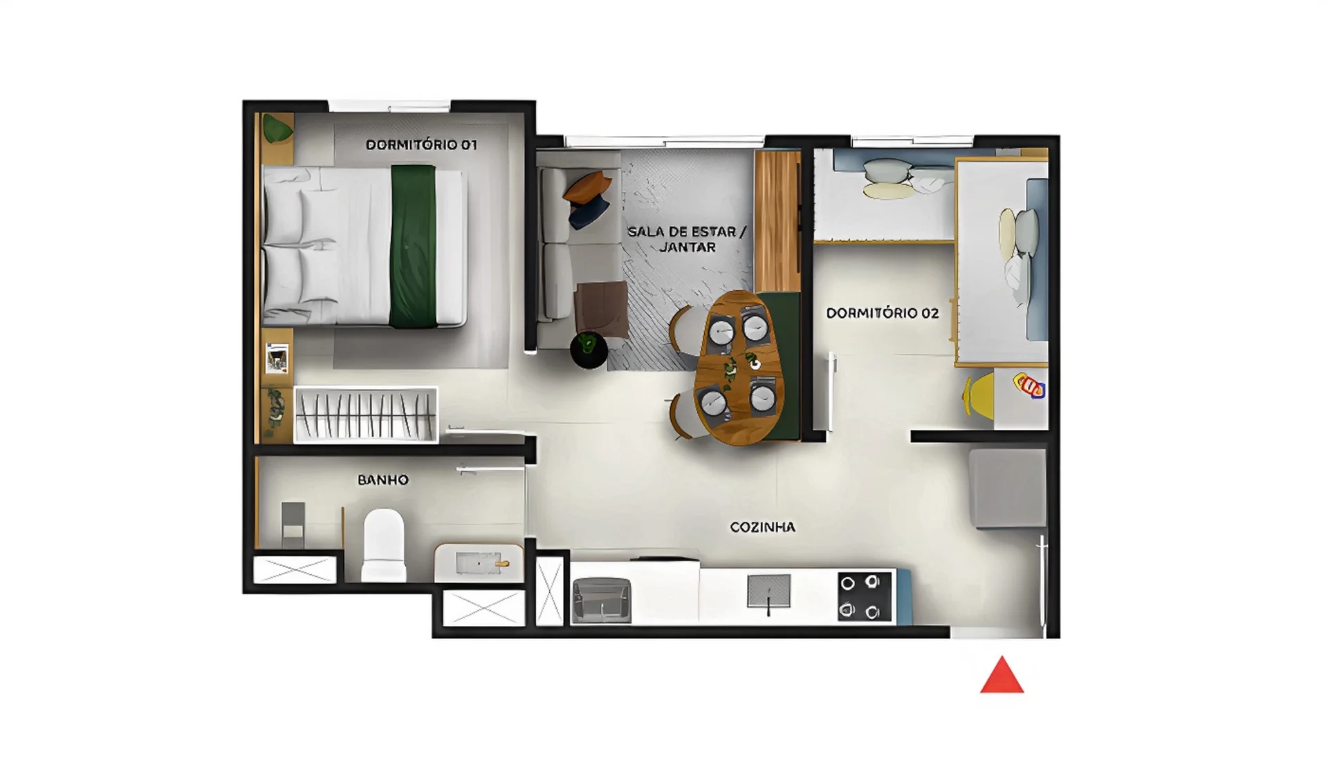 Planta de 2 dormitórios de 32,36 m² do Dália – Fase 2