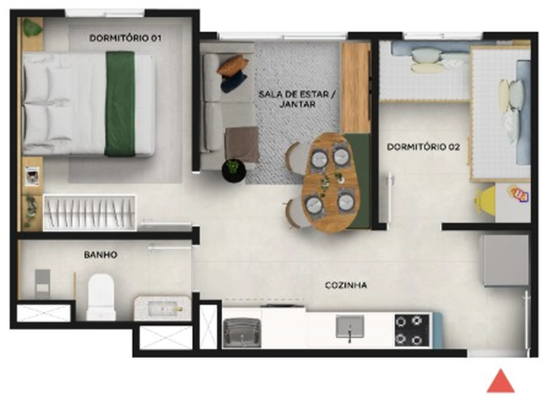 Planta de 2 dormitórios de 31,38 m² do Dandara