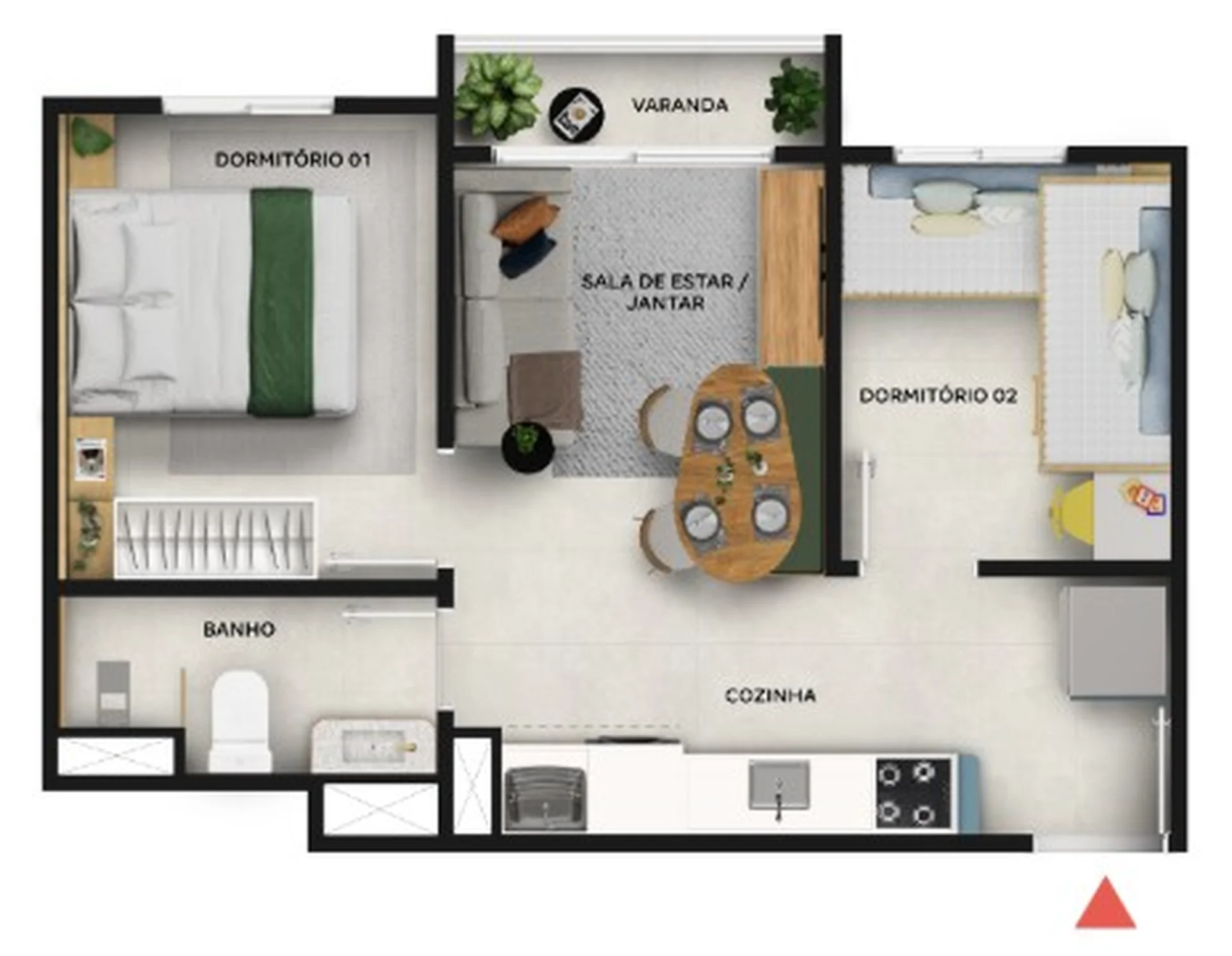Planta de 2 dormitórios de 33,35 m² com varanda do Dandara