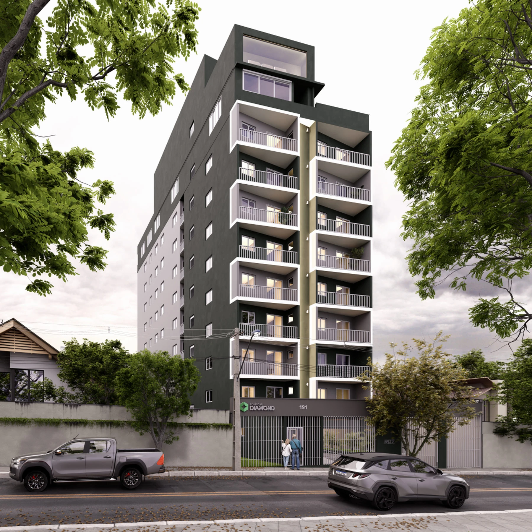 Fachada do Diamond: edifício de oito pavimentos em verde-escuro e branco com faixa vertical dourada e varandas, visto da Rua Professor Alberto Conte