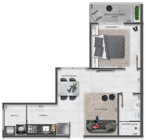 Planta do Elza Boteguin em Vila Carrão — 1 dormitório – 38 m²