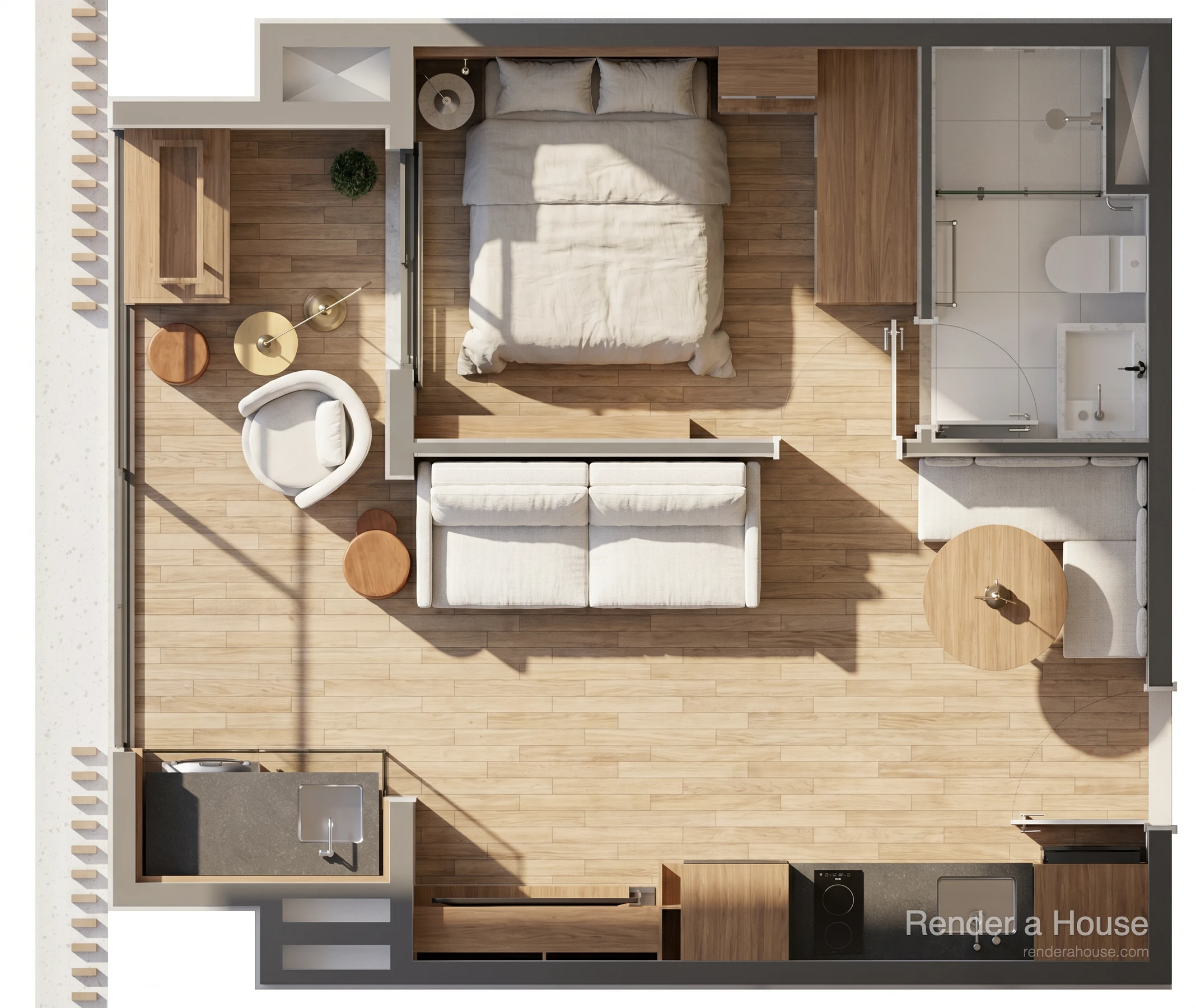 Planta de unidade de 1 dormitório do Gaya Aurélia, com sala, cozinha e banheiro