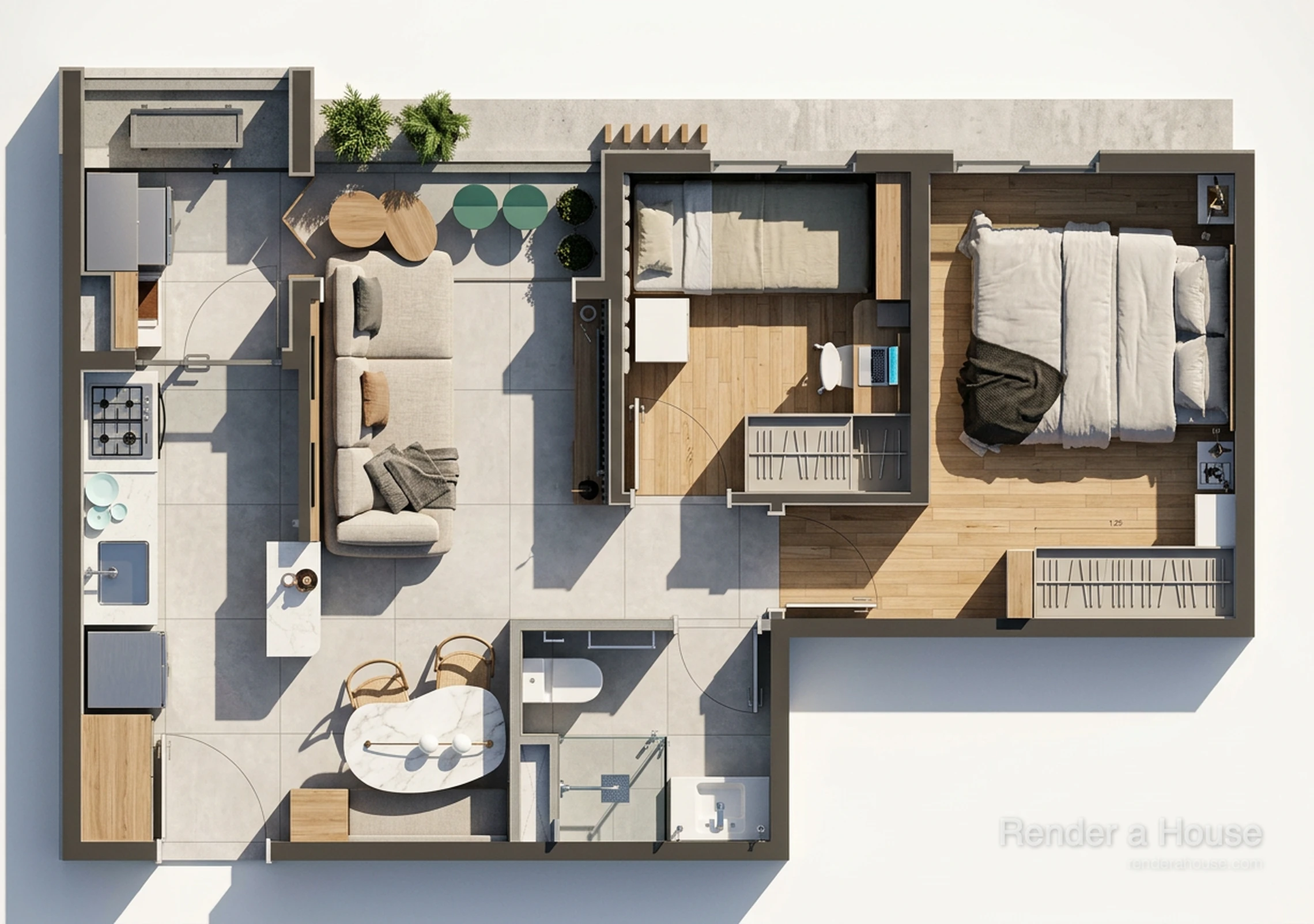 Planta de unidade de 2 dormitórios do Gaya Aurélia, com sala, cozinha, banheiro e varanda