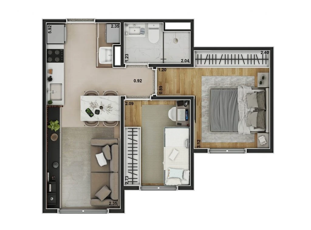 Planta do apartamento de 2 dormitorios de 36,89 m2 do Griffe Campo Limpo - Fase 1