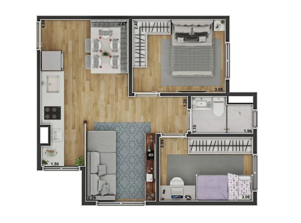 Planta do apartamento de 2 dormitorios de 40,79 m2 do Griffe Campo Limpo - Fase 1