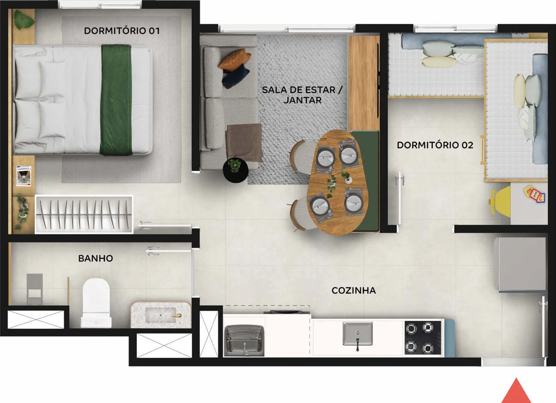 Planta de 2 dormitórios de 32 m² do Horizonte Jaraguá