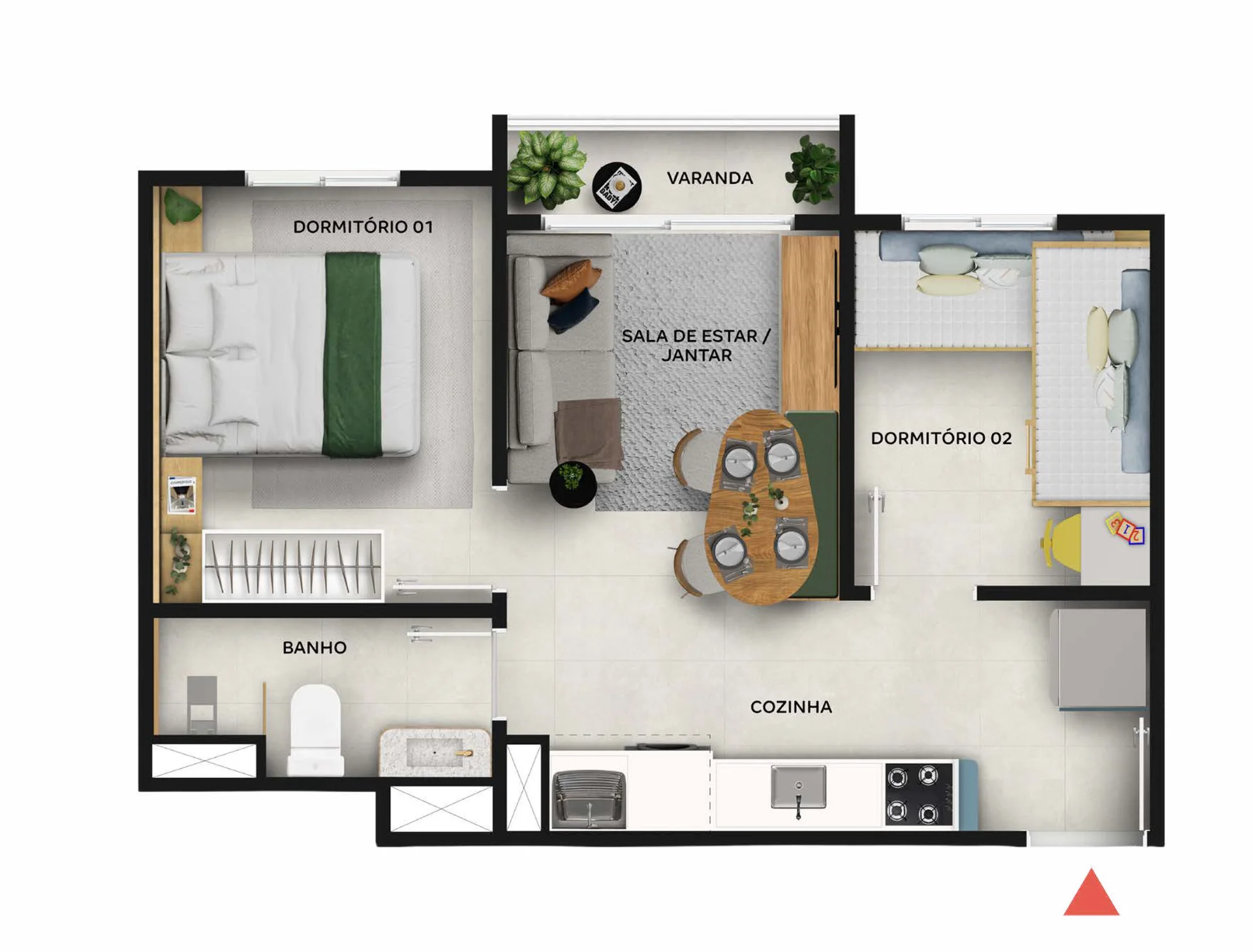 Planta de 2 dormitórios de 34 m² com varanda do Horizonte Jaraguá
