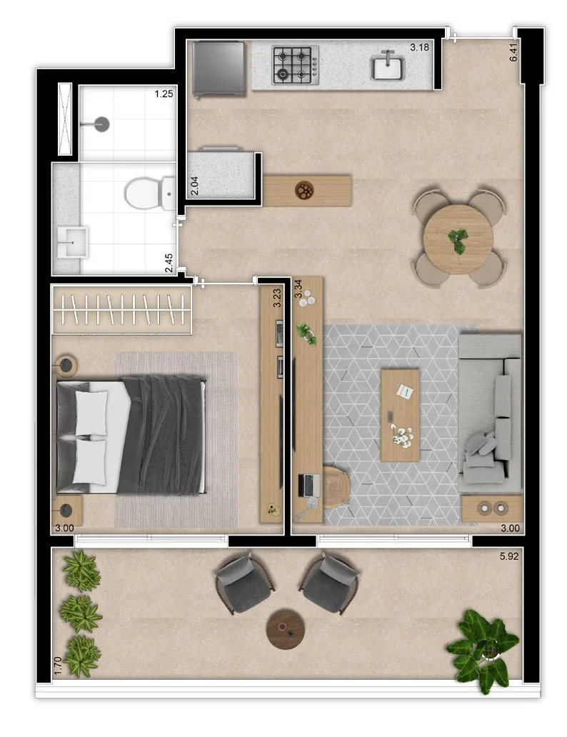 Planta do Indi 70 em Moema — 1 dormitório – 53,7 m²