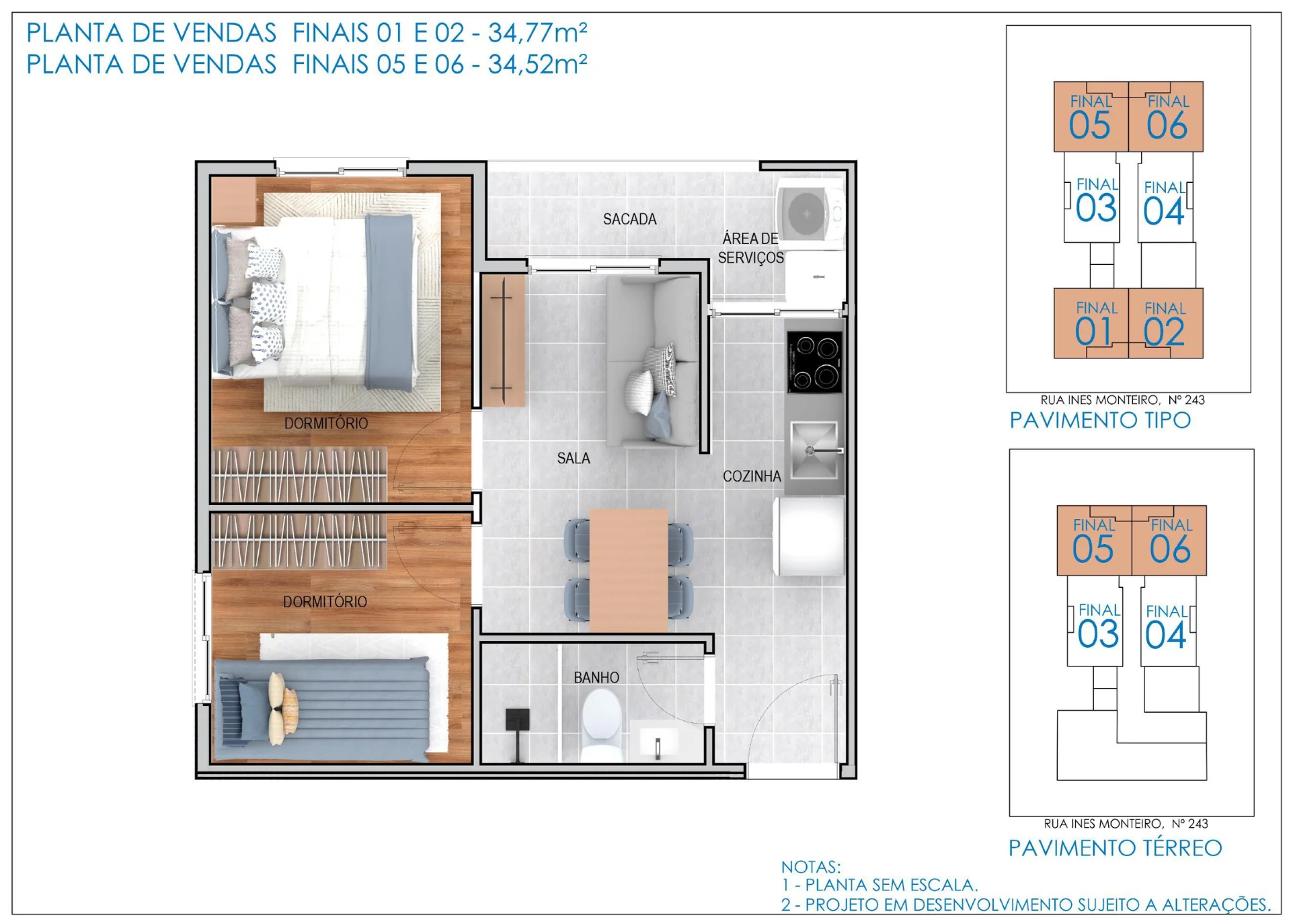 Planta do apartamento de 2 dormitórios e 34,77 m² do Inês Monteiro, finais 01 e 02