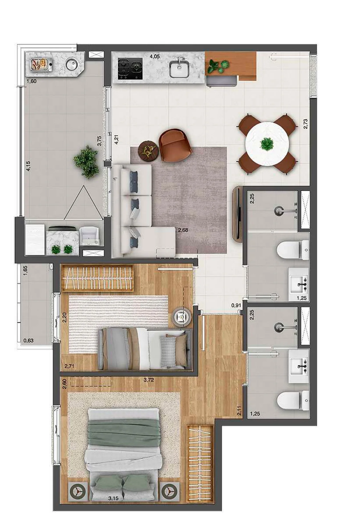 Planta do apartamento de 2 dormitórios e 51,90 m² do Infinity Santana