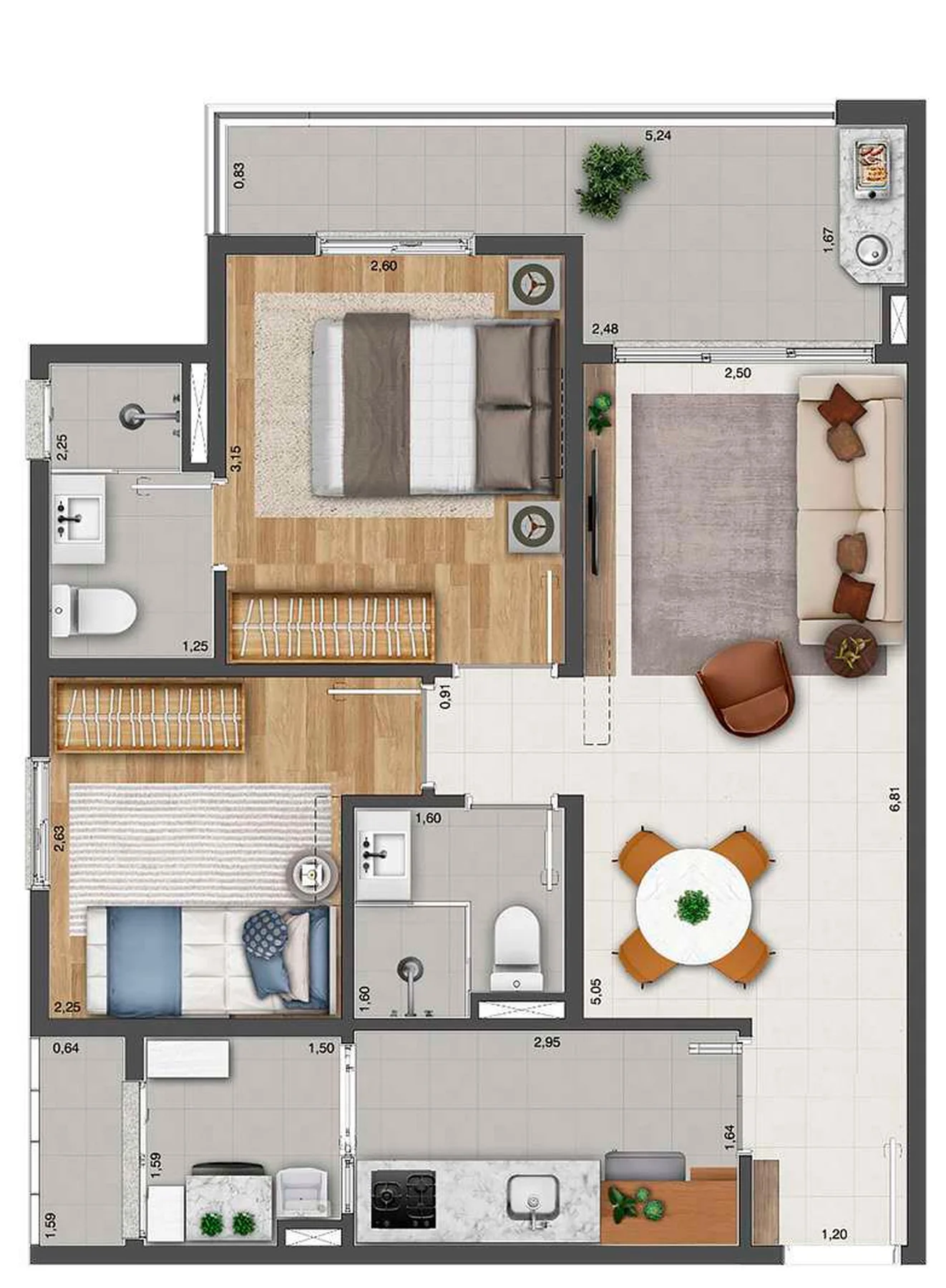 Planta do apartamento de 2 dormitórios e 58,24 m² do Infinity Santana