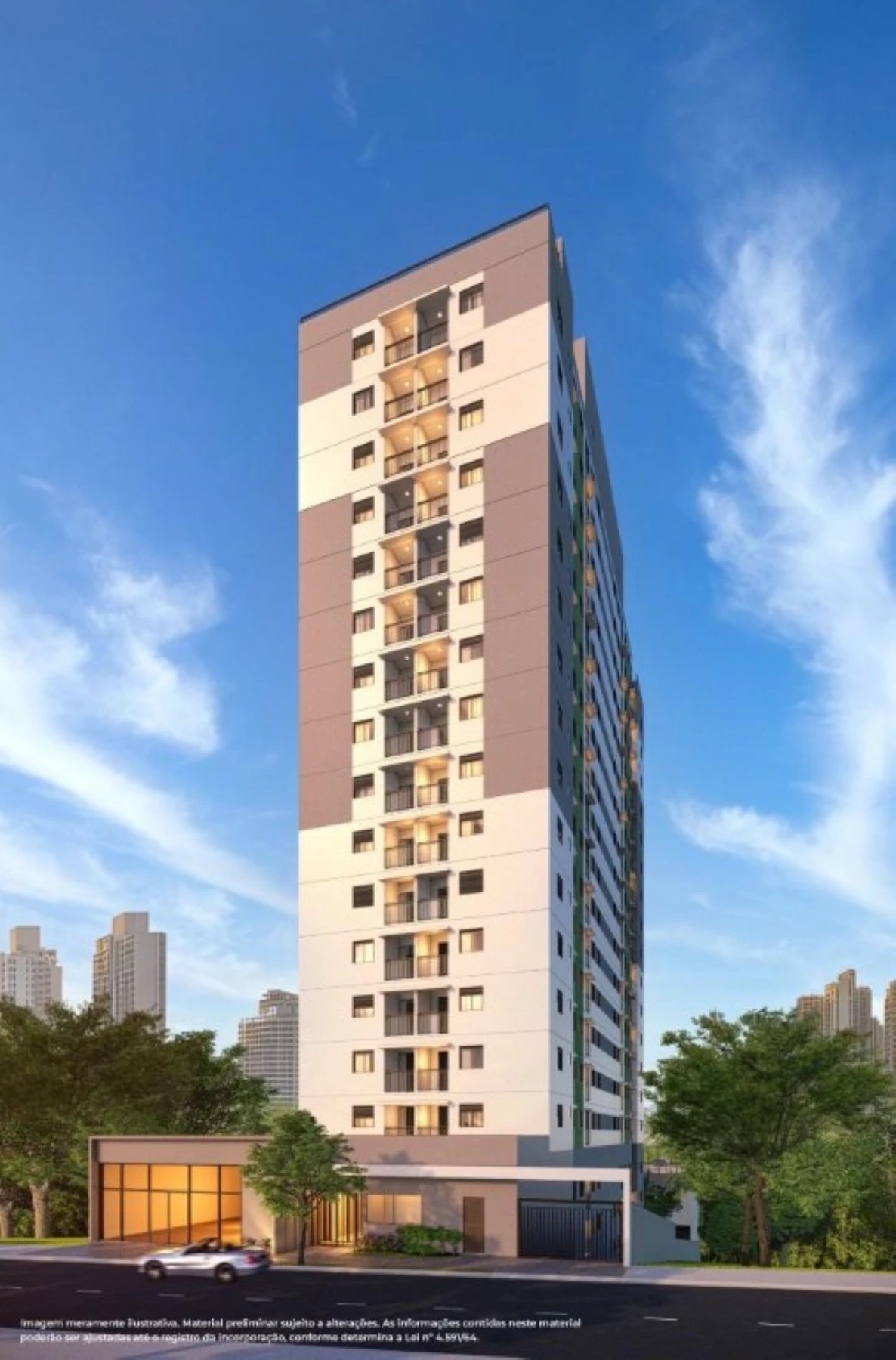 Fachada do Inkk Life Clarice: torre alta em branco e bege com detalhes em madeira e embasamento comercial, vista da avenida