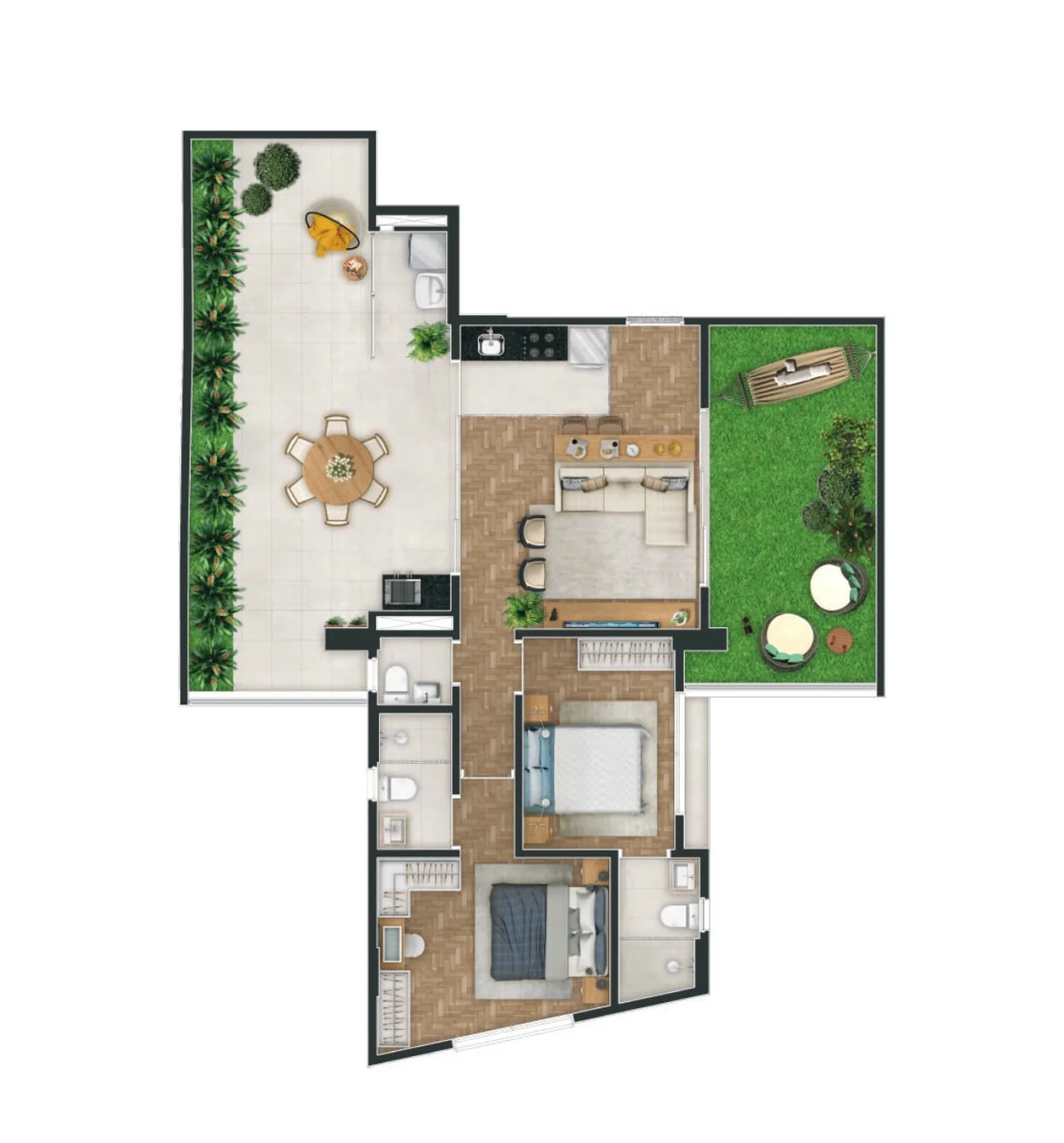 Planta do Ipo 93 — 2 dormitórios – 122 m² Garden