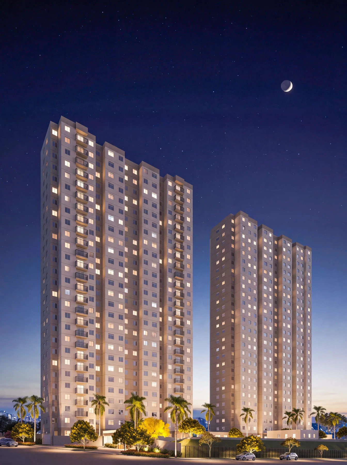 Fachada do Jardim das Origens Aruá: duas torres residenciais iluminadas ao anoitecer, com palmeiras no paisagismo