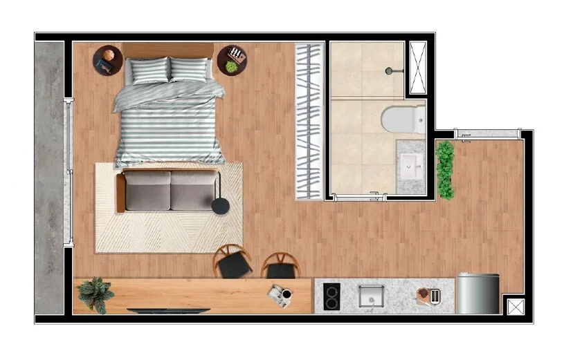 Planta do Jardim Veri em Higienópolis — 1 dormitório – 25,7 m² Studio