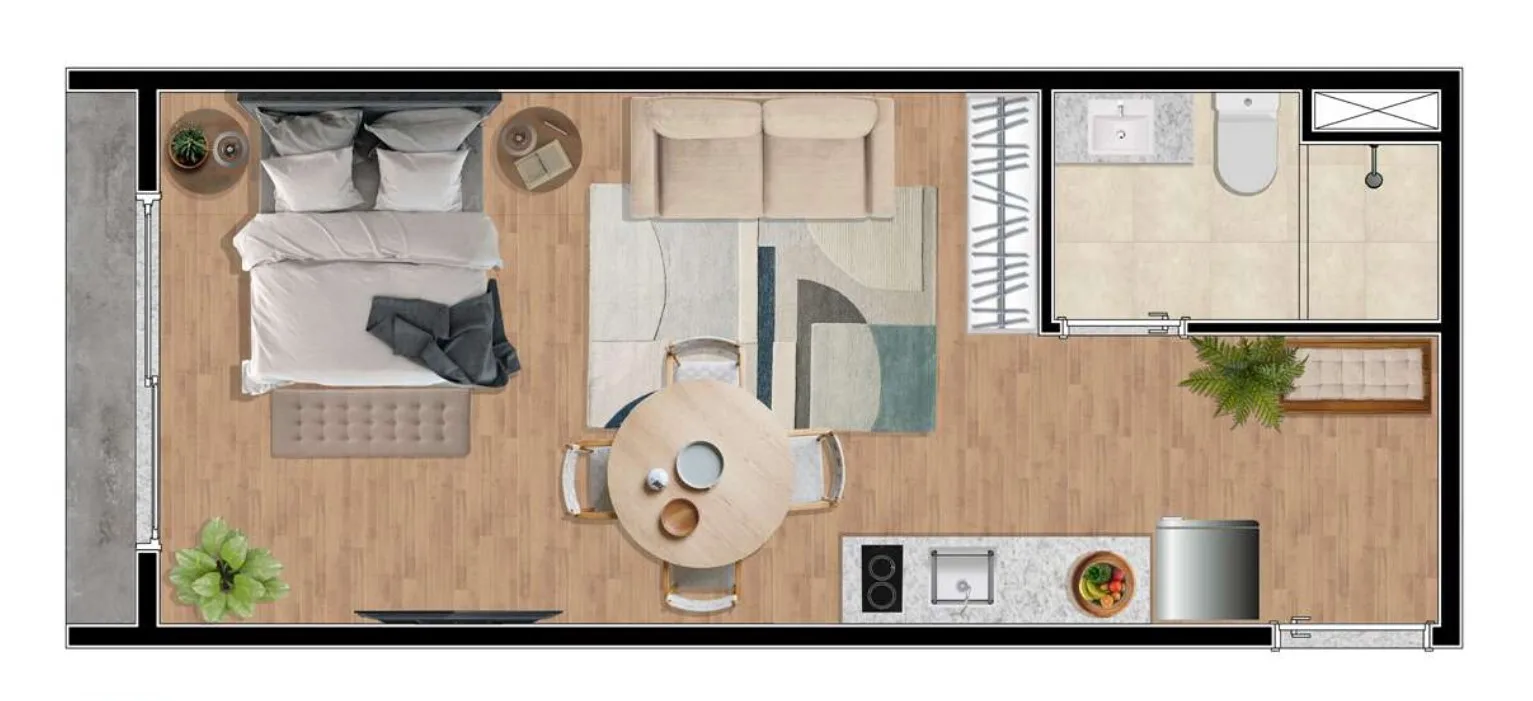 Planta do Jardim Veri em Higienópolis — 1 dormitório – 26,4 m² Studio