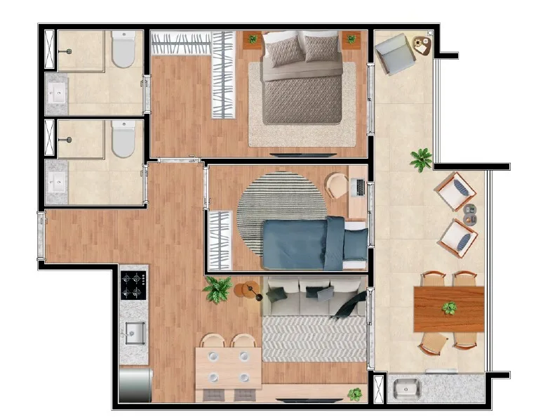 Planta do Jardim Veri em Higienópolis — 2 dormitórios – 56,6 m²