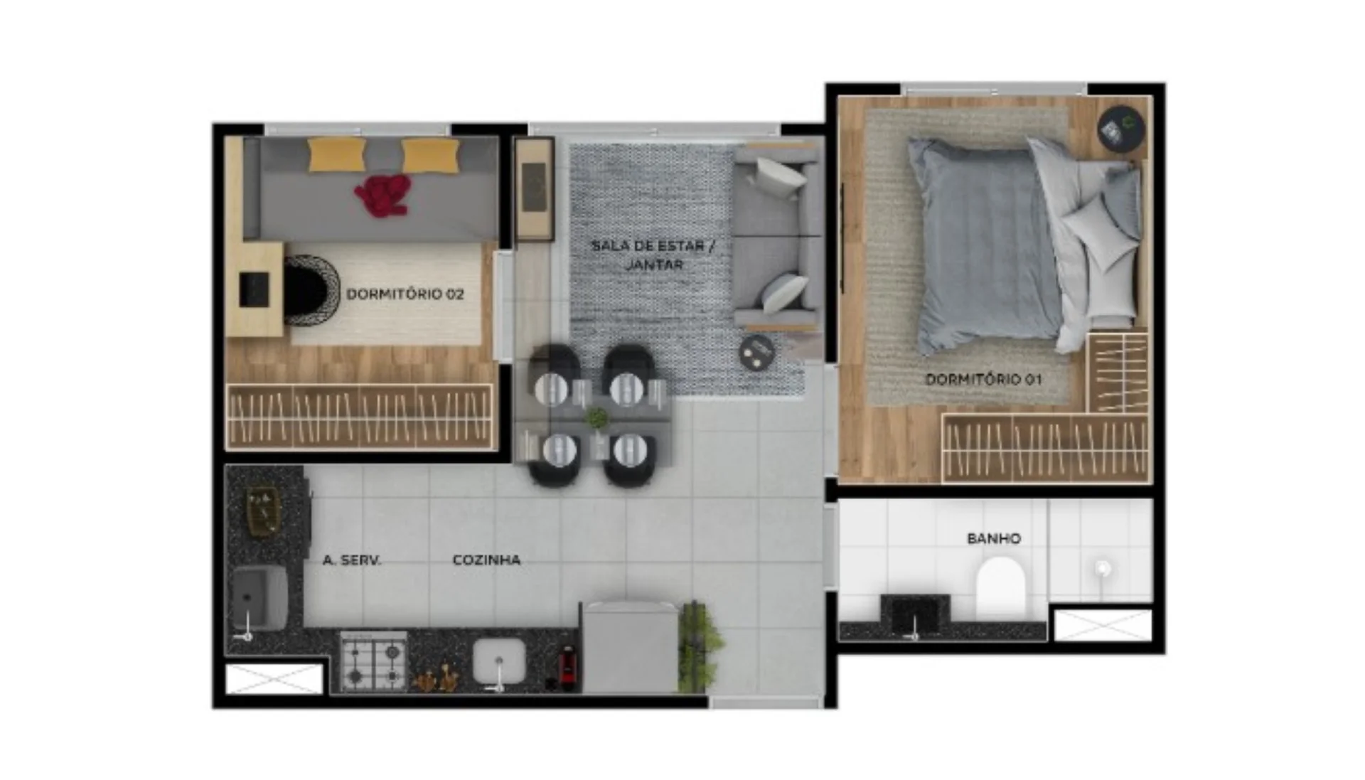 Planta do apartamento de 2 dormitórios e 31,20 m² do Jerivás Fase 1