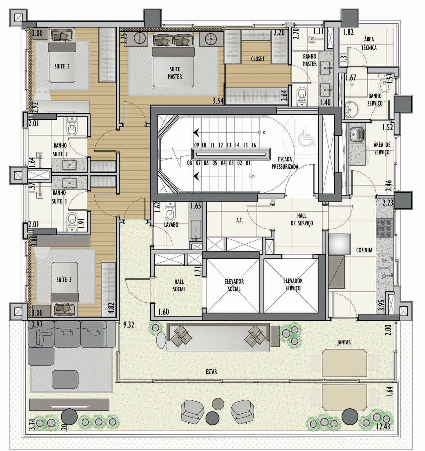 Planta do apartamento de 3 dormitórios e 157 m² do JML Design Jardins