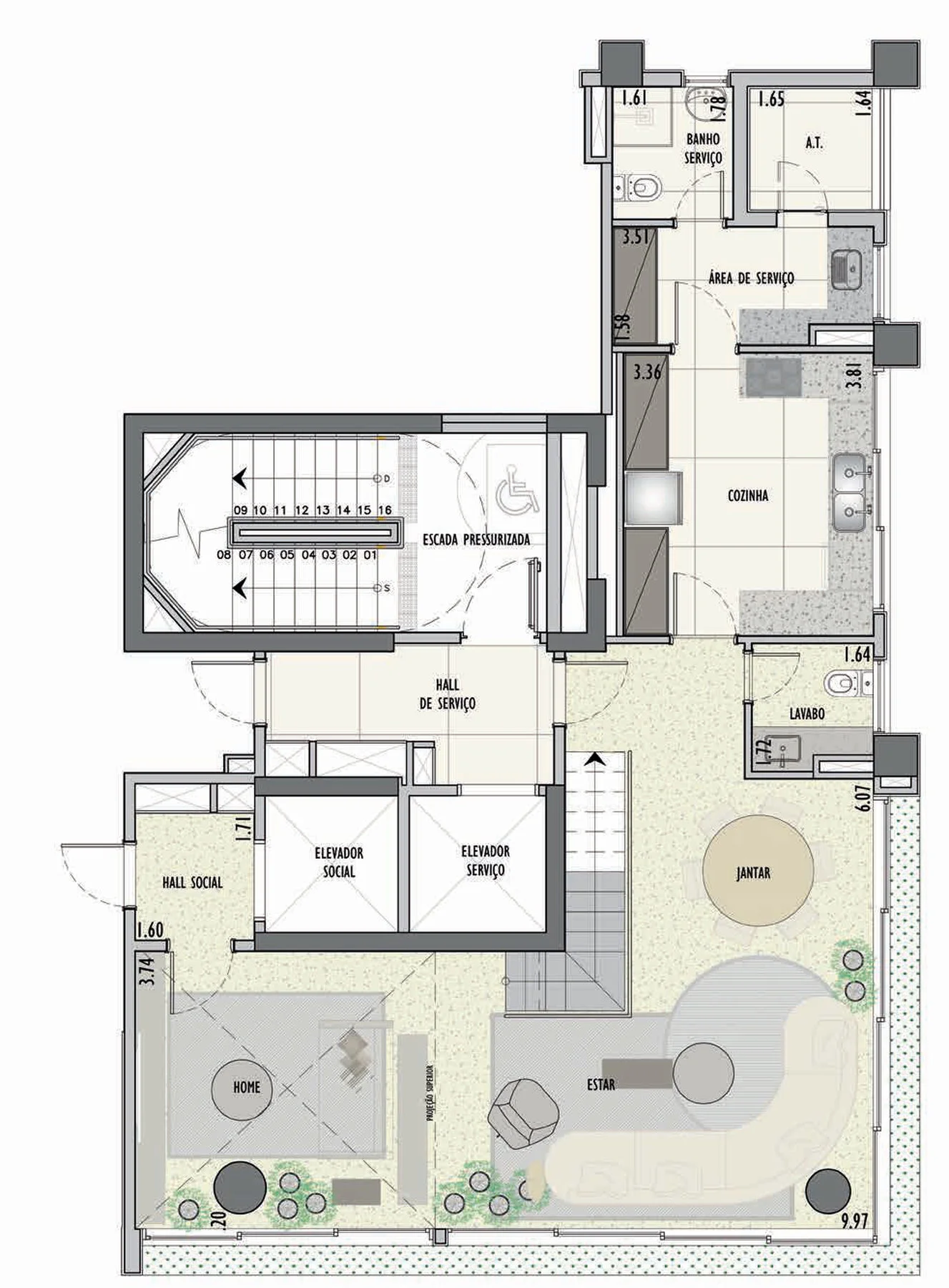 Planta do duplex de 3 dormitórios e 177 m², pavimento inferior, do JML Design Jardins