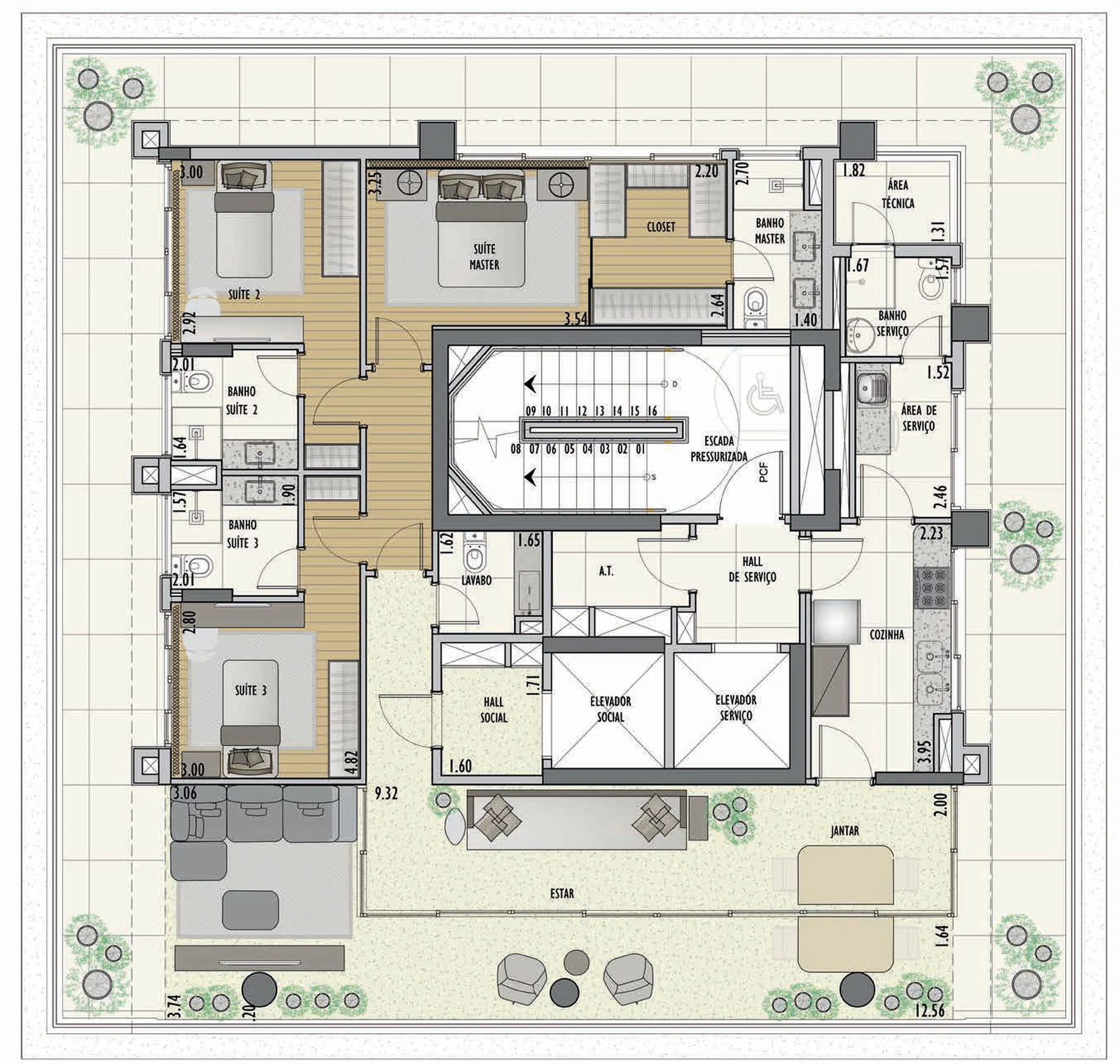 Planta do garden de 3 dormitórios e 228 m² do JML Design Jardins