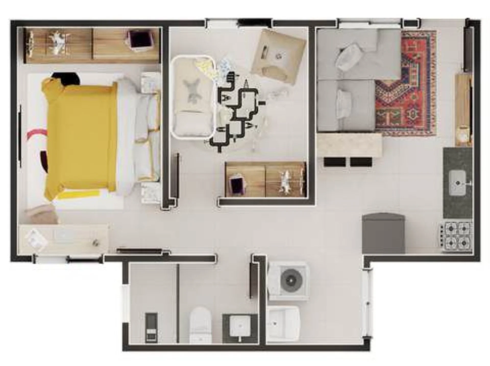 Planta de 2 dormitórios de 37,67 m² do Khiara