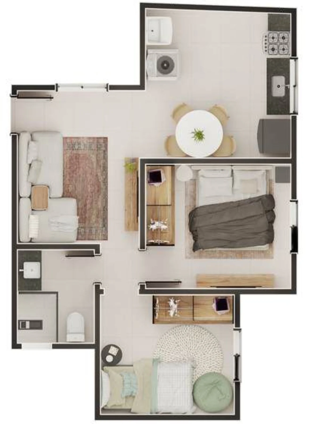 Planta de 2 dormitórios de 42,53 m² do Khiara
