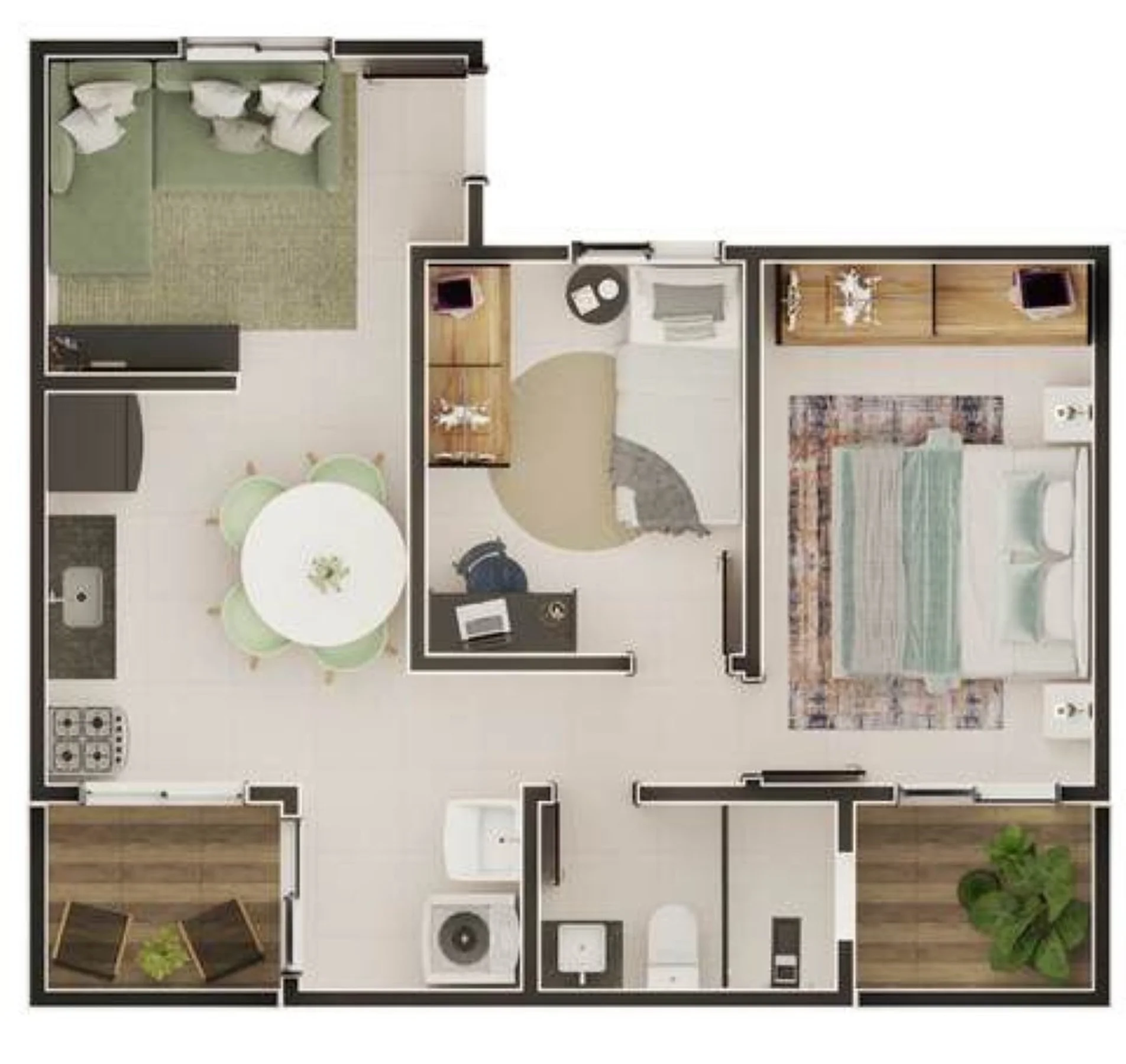 Planta garden de 2 dormitórios de 48,57 m² do Khiara