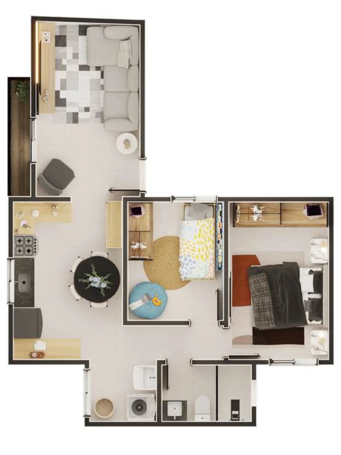 Planta de 2 dormitórios de 51,95 m² do Khiara
