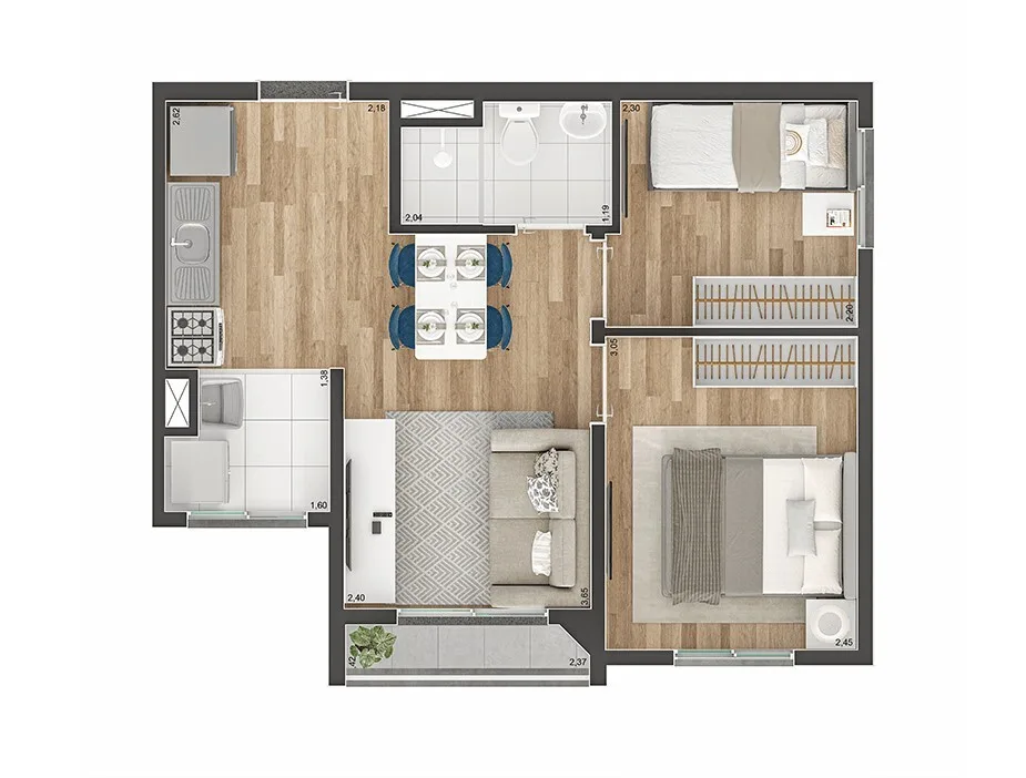 Planta do Link Sapopemba — 2 dormitórios – 37,36 m²