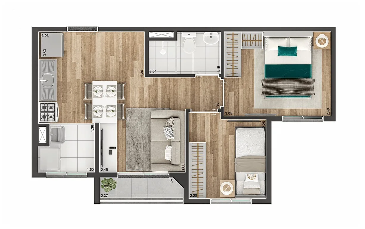 Planta do Link Sapopemba — 2 dormitórios – 37,41 m²