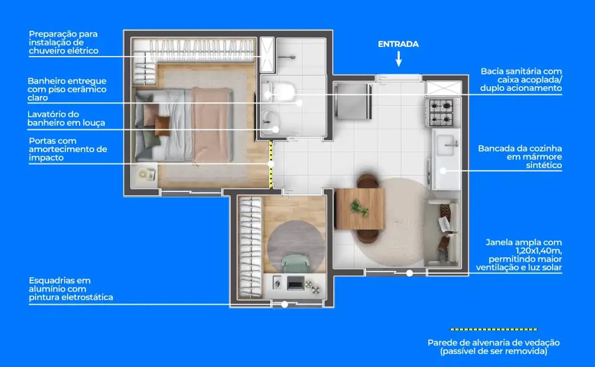 Planta do Longitude Perus – Fase 2 — 1 dormitório – 26,65 m²