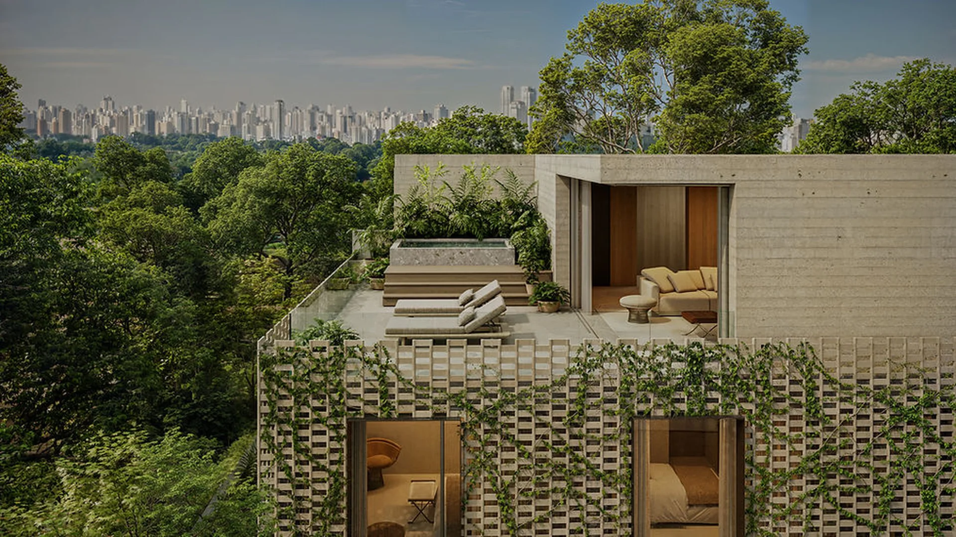 Vista externa do Lourenço 410, com terraço, piscina e o skyline de São Paulo ao fundo