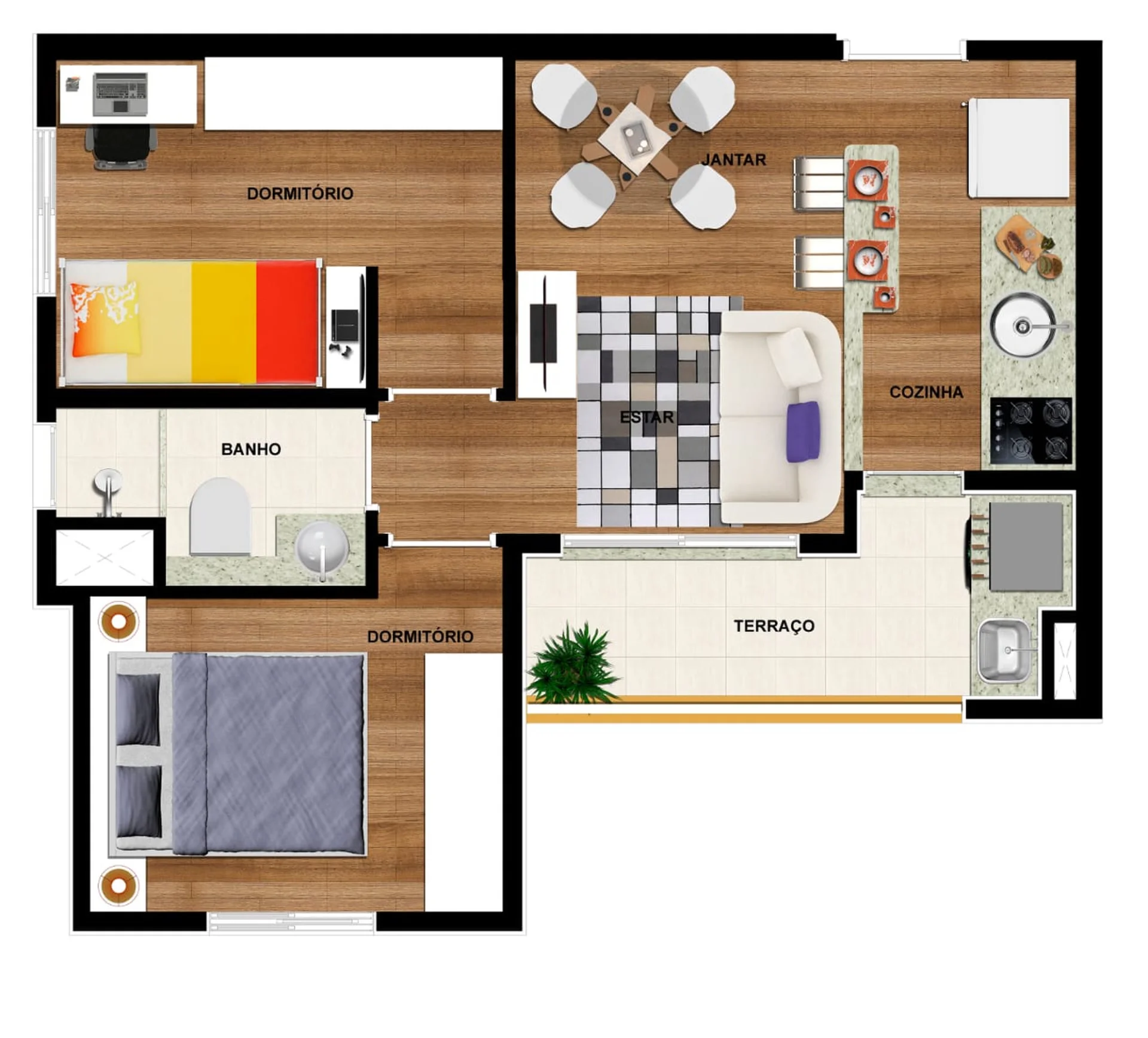 Planta de apartamento de 2 dormitórios e 42,49 m² do Lyon Residencial, com terraço