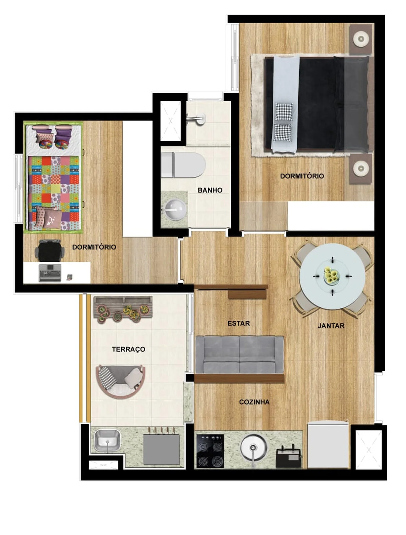 Planta de apartamento de 2 dormitórios e 43,04 m² do Lyon Residencial, com terraço