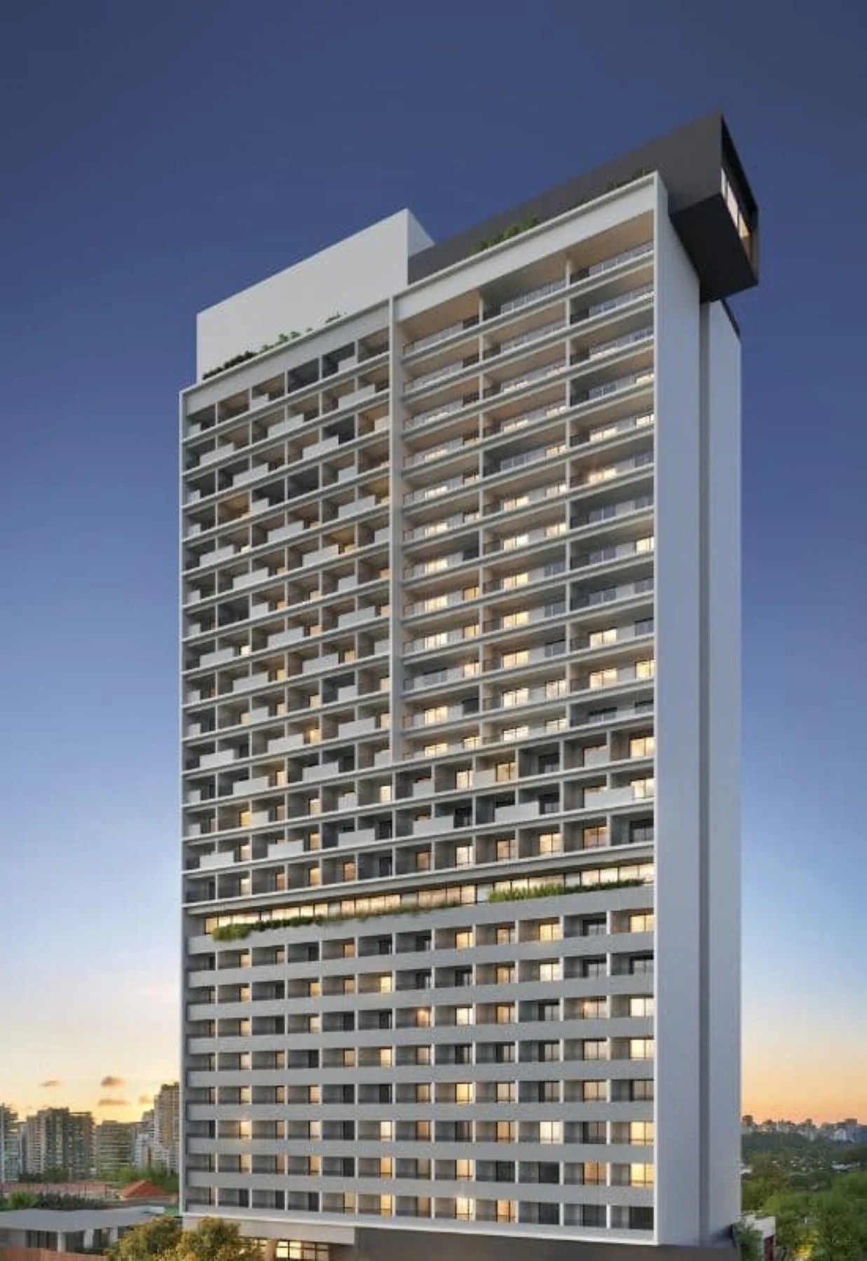 Fachada da torre do Mairinque 70 by Roomo Atlantica ao entardecer, em Vila Clementino, São Paulo