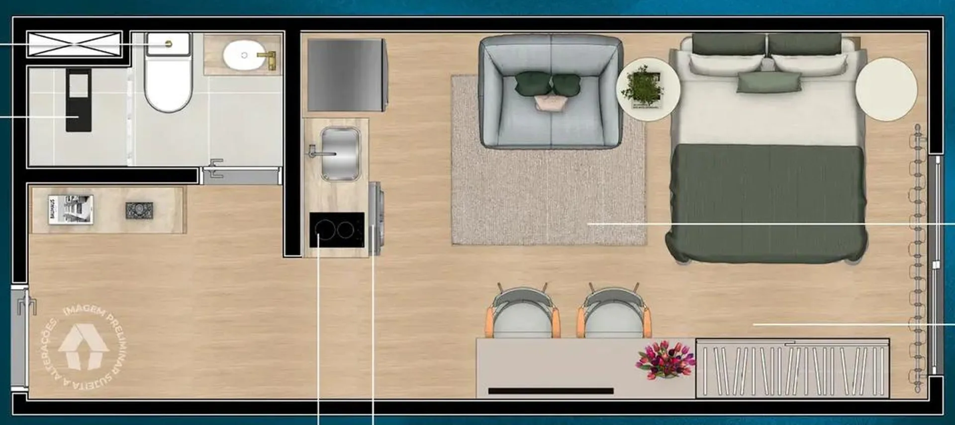 Planta do Metrocasa Clube Aricanduva — 1 dormitório – 23,21 m² Studio