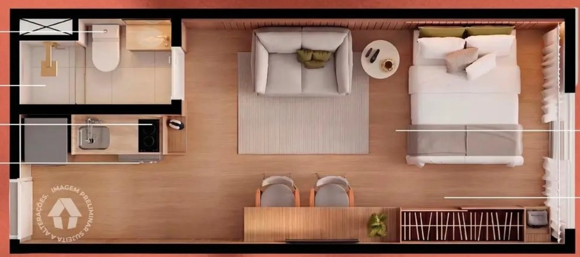 Planta do Metrocasa Clube Vila das Belezas – Fase 1 — 1 dormitório – 26 m² Studio